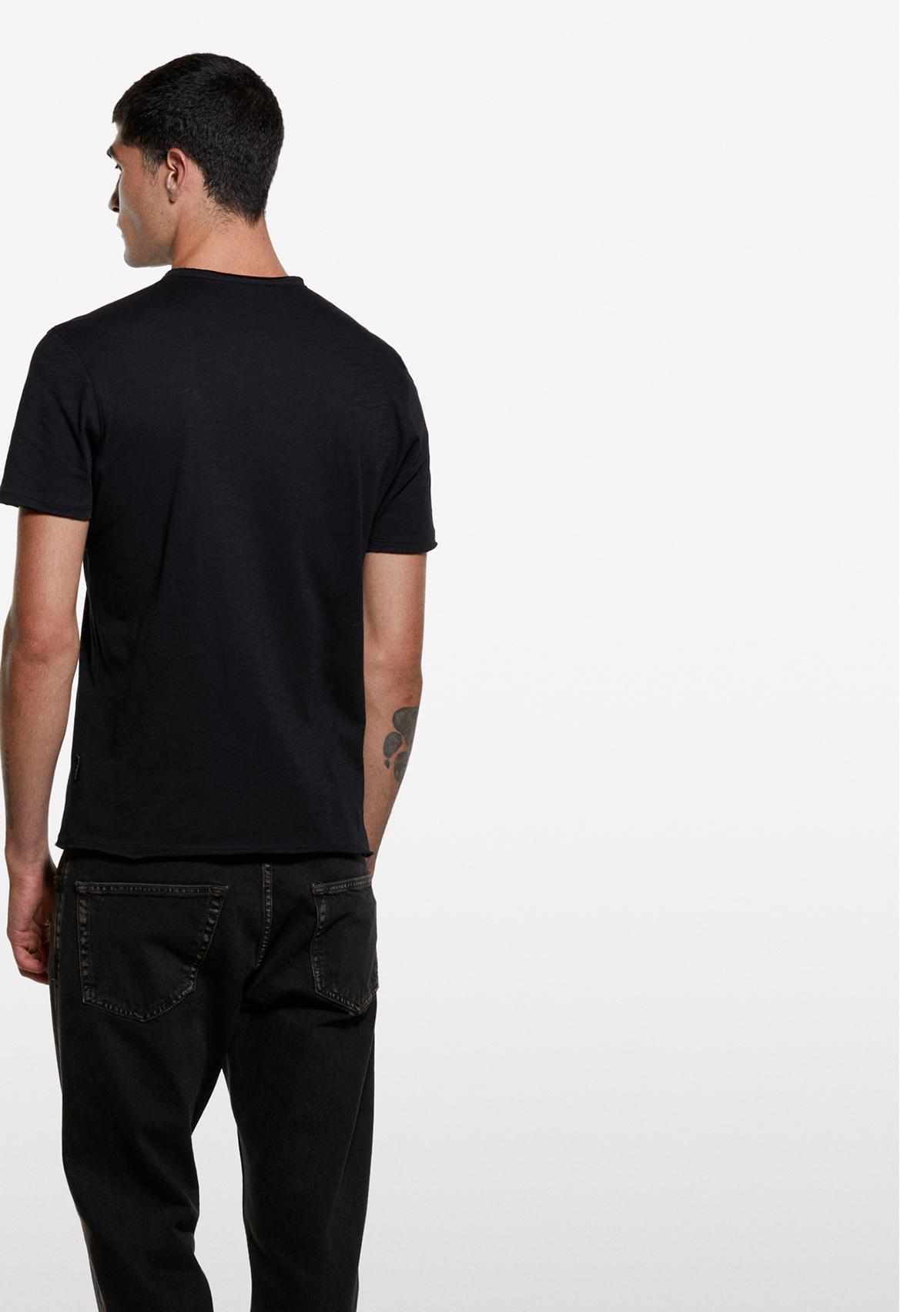 Erkek Siyah %100 Pamuk Düğmeli Bisiklet Yaka Slim Fit Slub T-Shirt