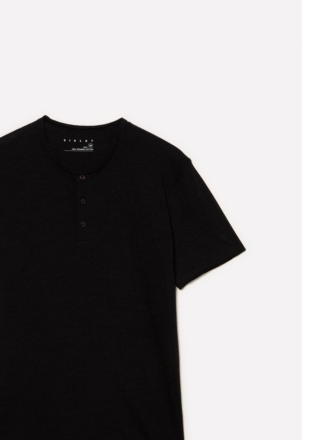 Erkek Siyah %100 Pamuk Düğmeli Bisiklet Yaka Slim Fit Slub T-Shirt