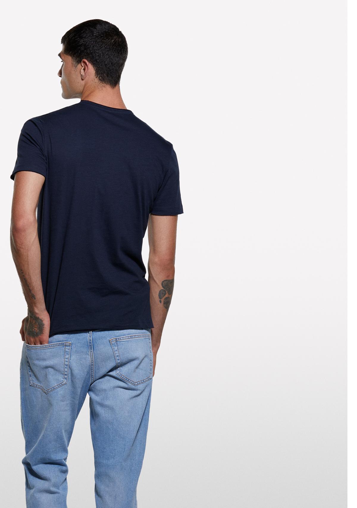 Erkek Koyu Mavi %100 Pamuk Bisiklet Yaka Slim Fit Slub T-Shirt