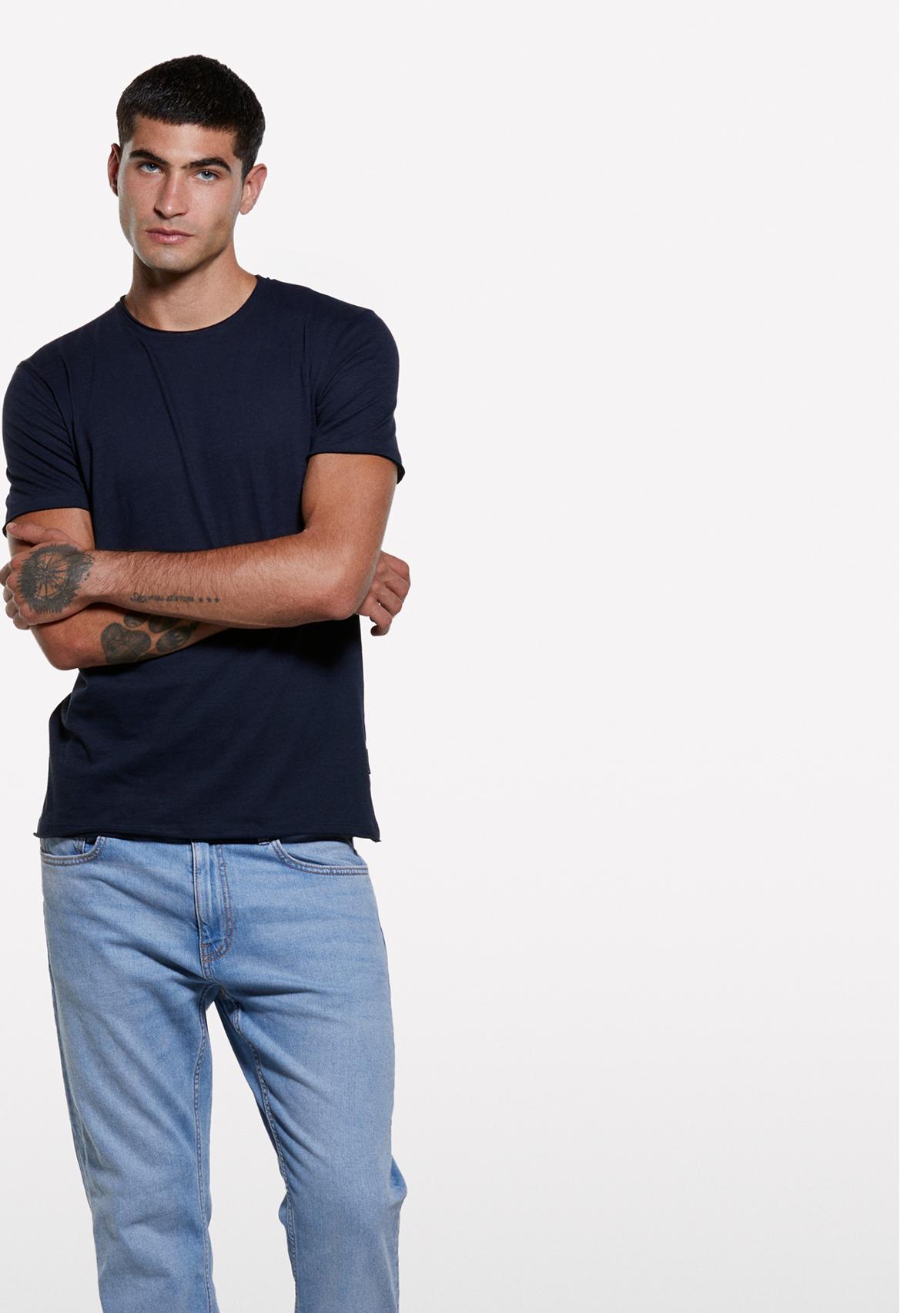 Erkek Koyu Mavi %100 Pamuk Bisiklet Yaka Slim Fit Slub T-Shirt