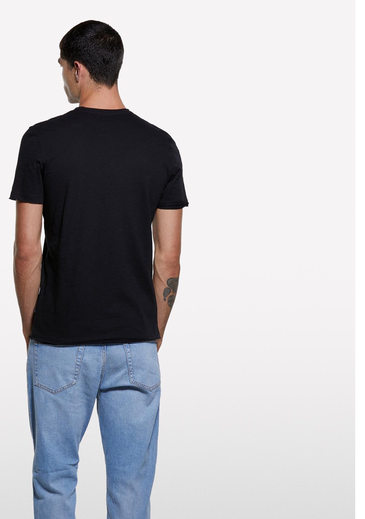 Erkek Siyah %100 Pamuk Bisiklet Yaka Slim Fit Slub T-Shirt