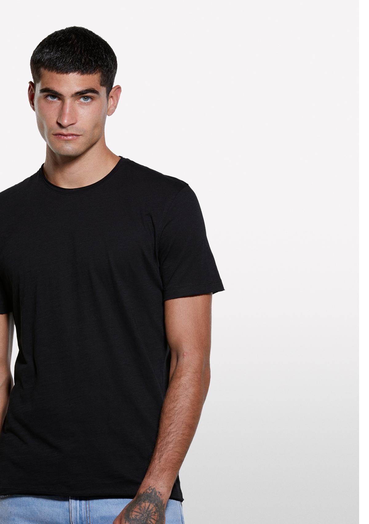 Erkek Siyah %100 Pamuk Bisiklet Yaka Slim Fit Slub T-Shirt