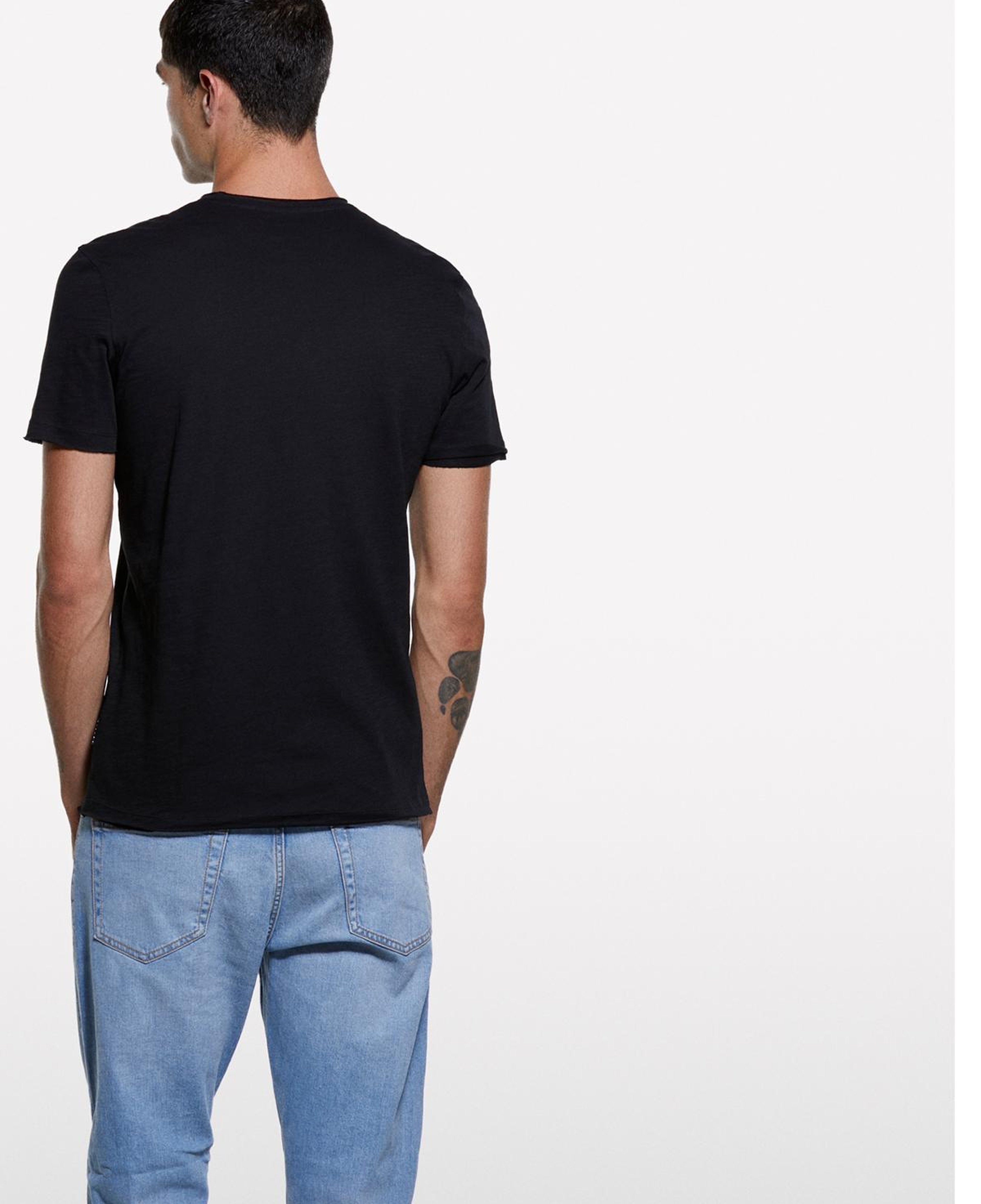 Erkek Siyah %100 Pamuk Bisiklet Yaka Slim Fit Slub T-Shirt