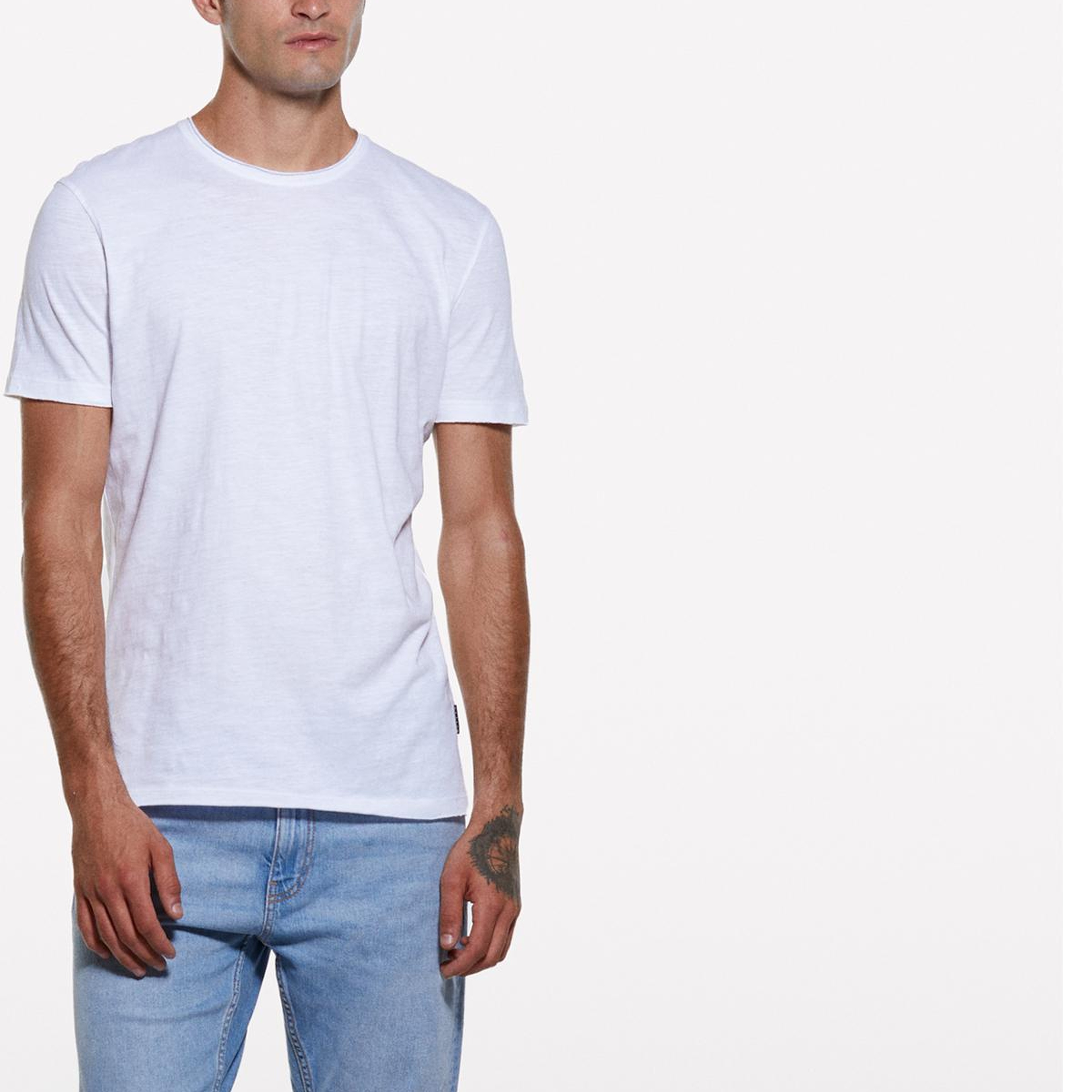 Erkek Beyaz %100 Pamuk Bisiklet Yaka Slim Fit Slub T-Shirt