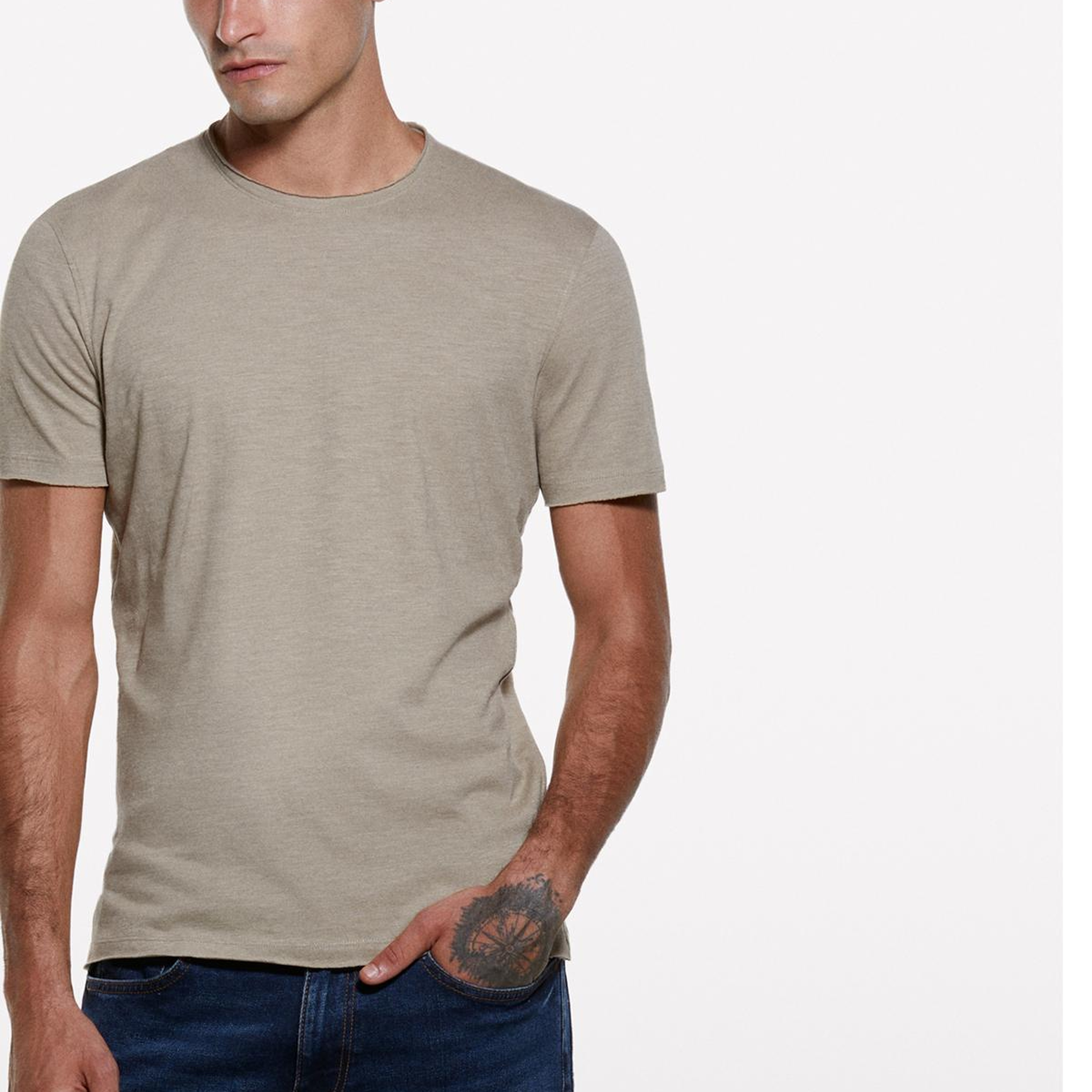 Erkek Bej %100 Pamuk Bisiklet Yaka Slim Fit Slub T-Shirt