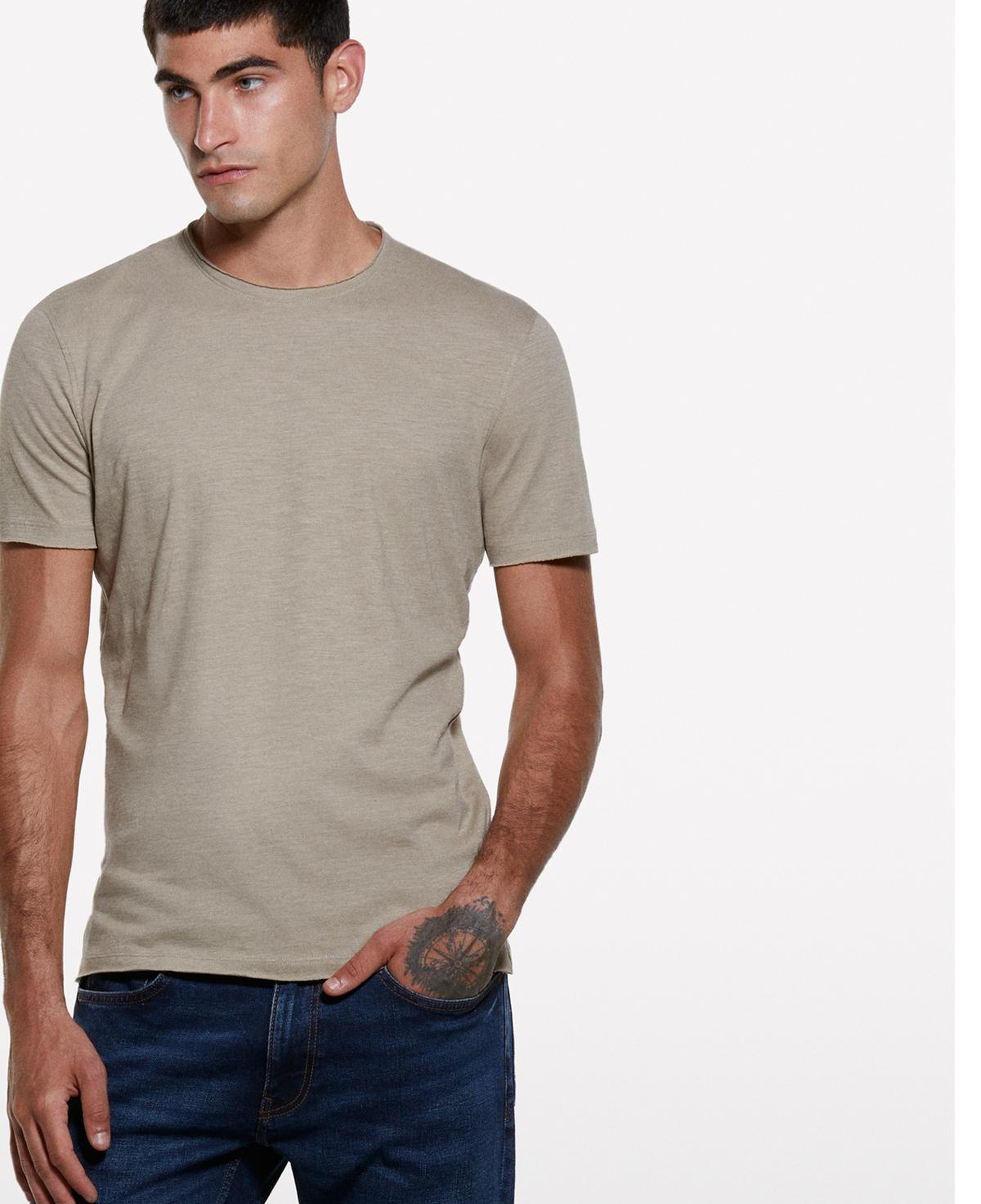 Erkek Bej %100 Pamuk Bisiklet Yaka Slim Fit Slub T-Shirt