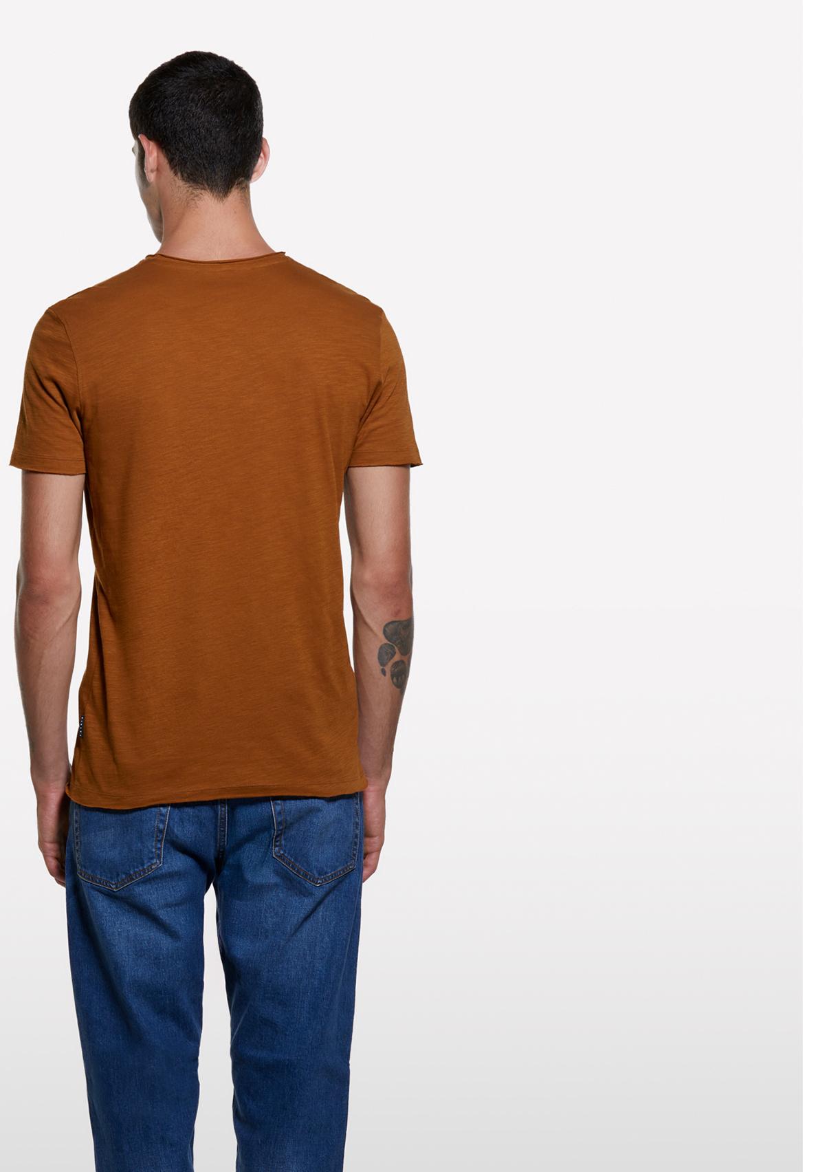 Erkek Taba %100 Pamuk Bisiklet Yaka Slim Fit Slub T-Shirt