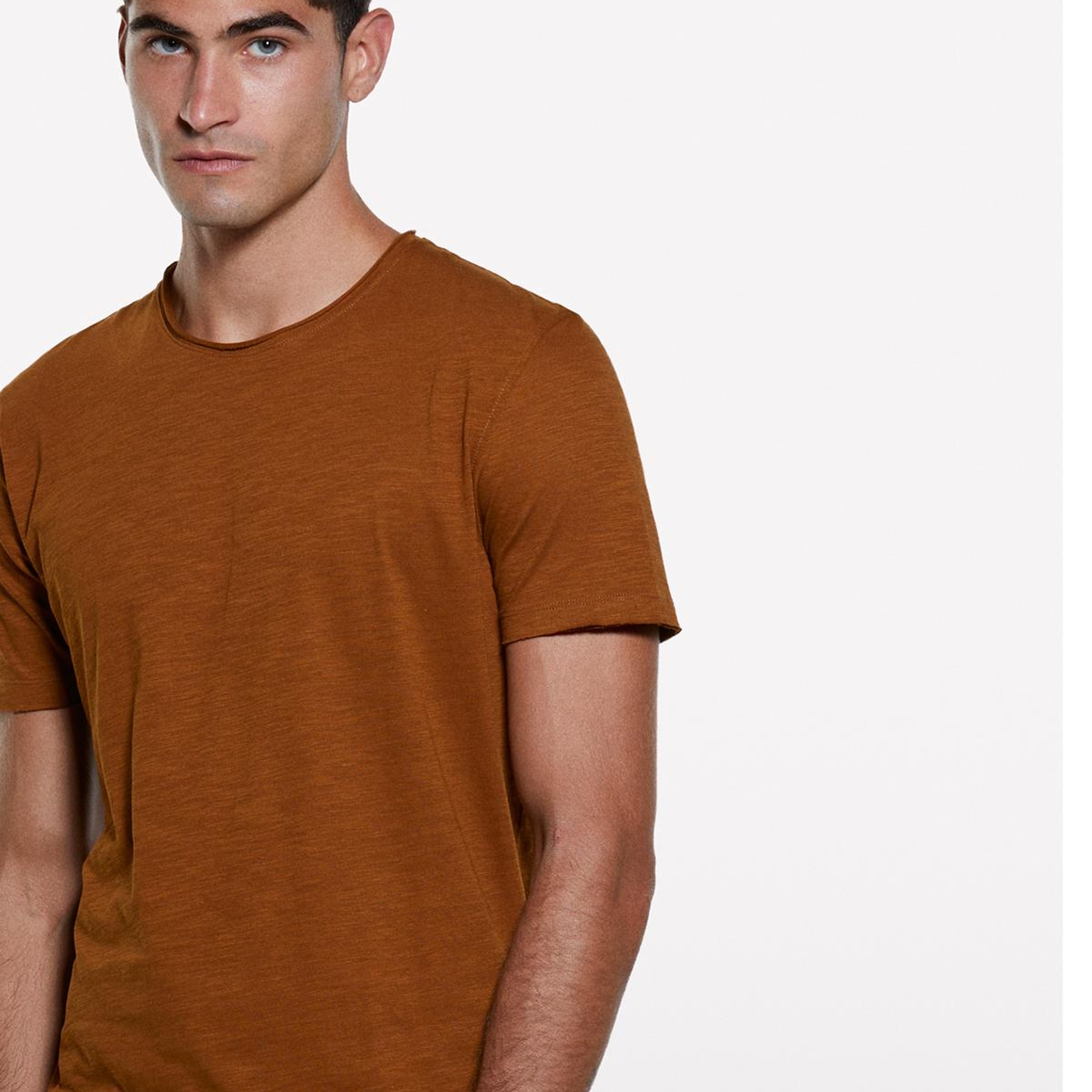 Erkek Taba %100 Pamuk Bisiklet Yaka Slim Fit Slub T-Shirt