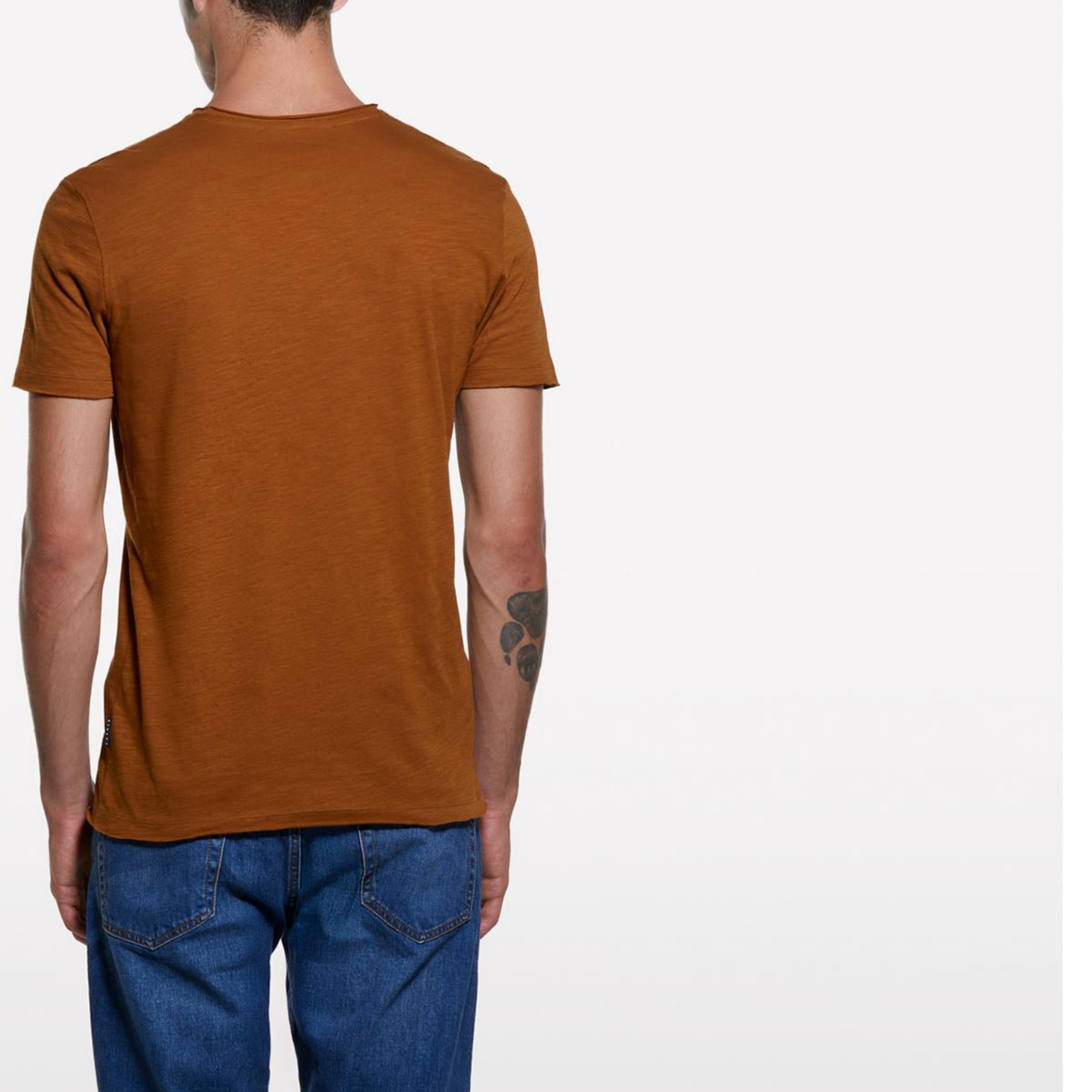 Erkek Taba %100 Pamuk Bisiklet Yaka Slim Fit Slub T-Shirt