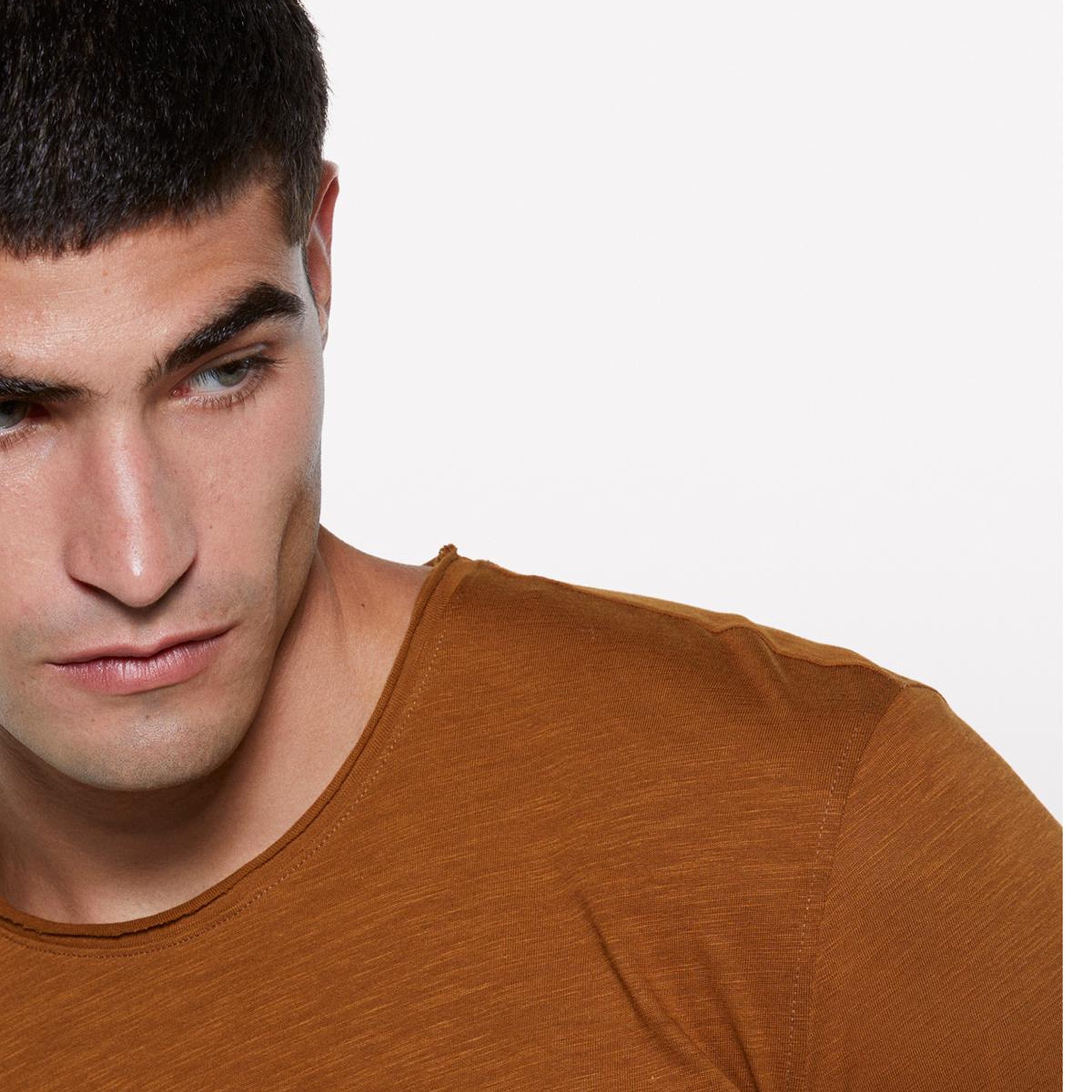 Erkek Taba %100 Pamuk Bisiklet Yaka Slim Fit Slub T-Shirt