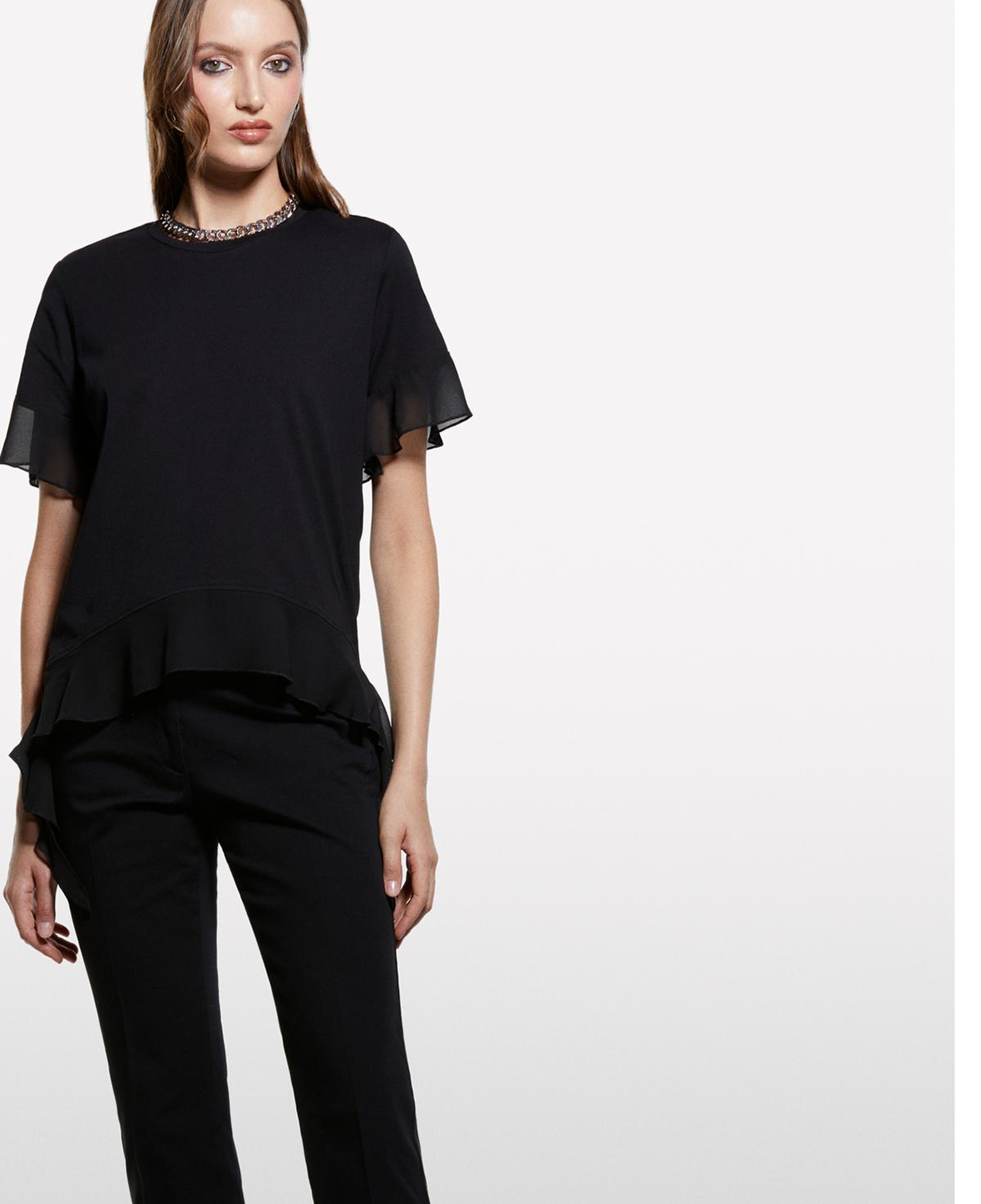 Kadın Siyah %100 Pamuk Pile Eklemeli Boxy Fit T-Shirt