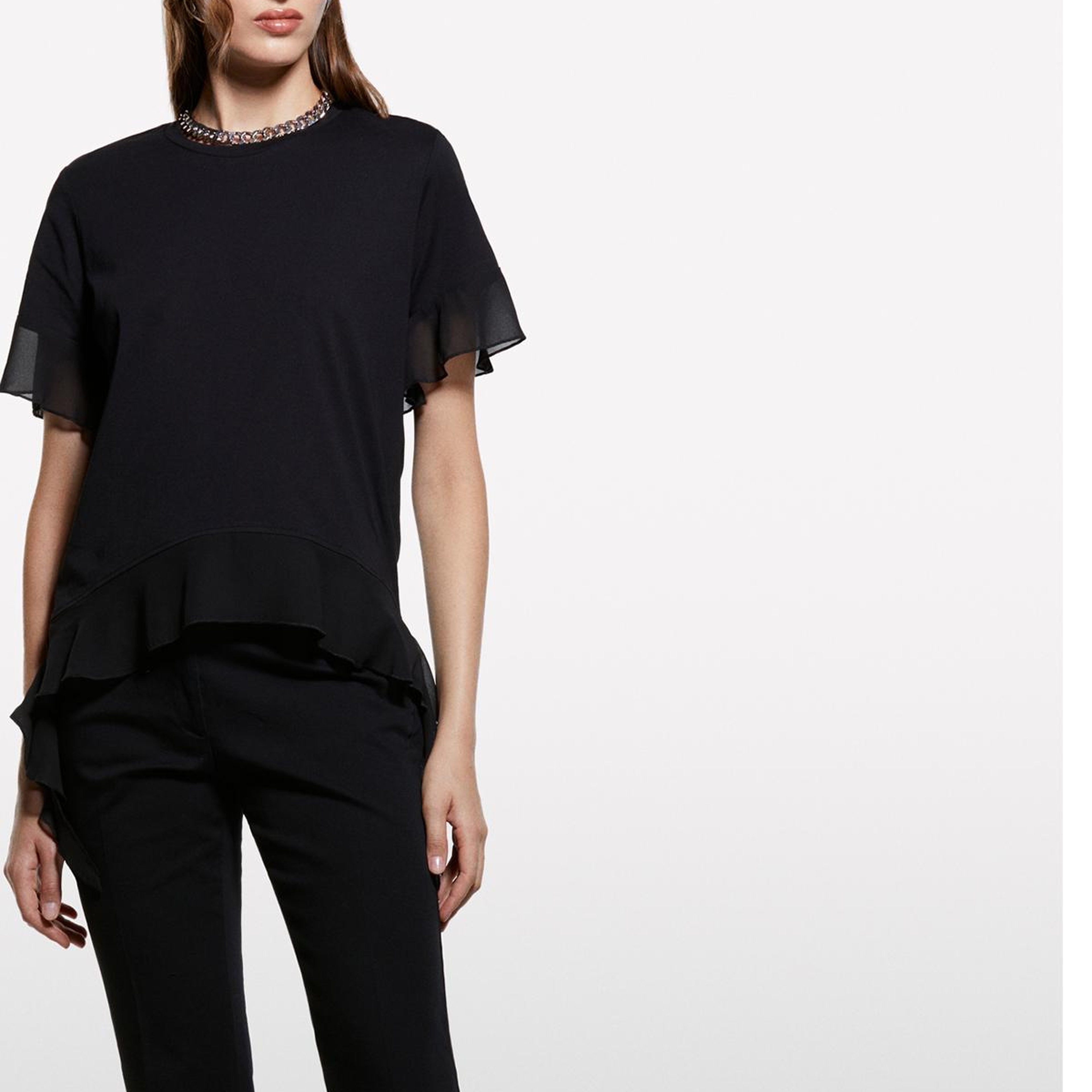 Kadın Siyah %100 Pamuk Pile Eklemeli Boxy Fit T-Shirt