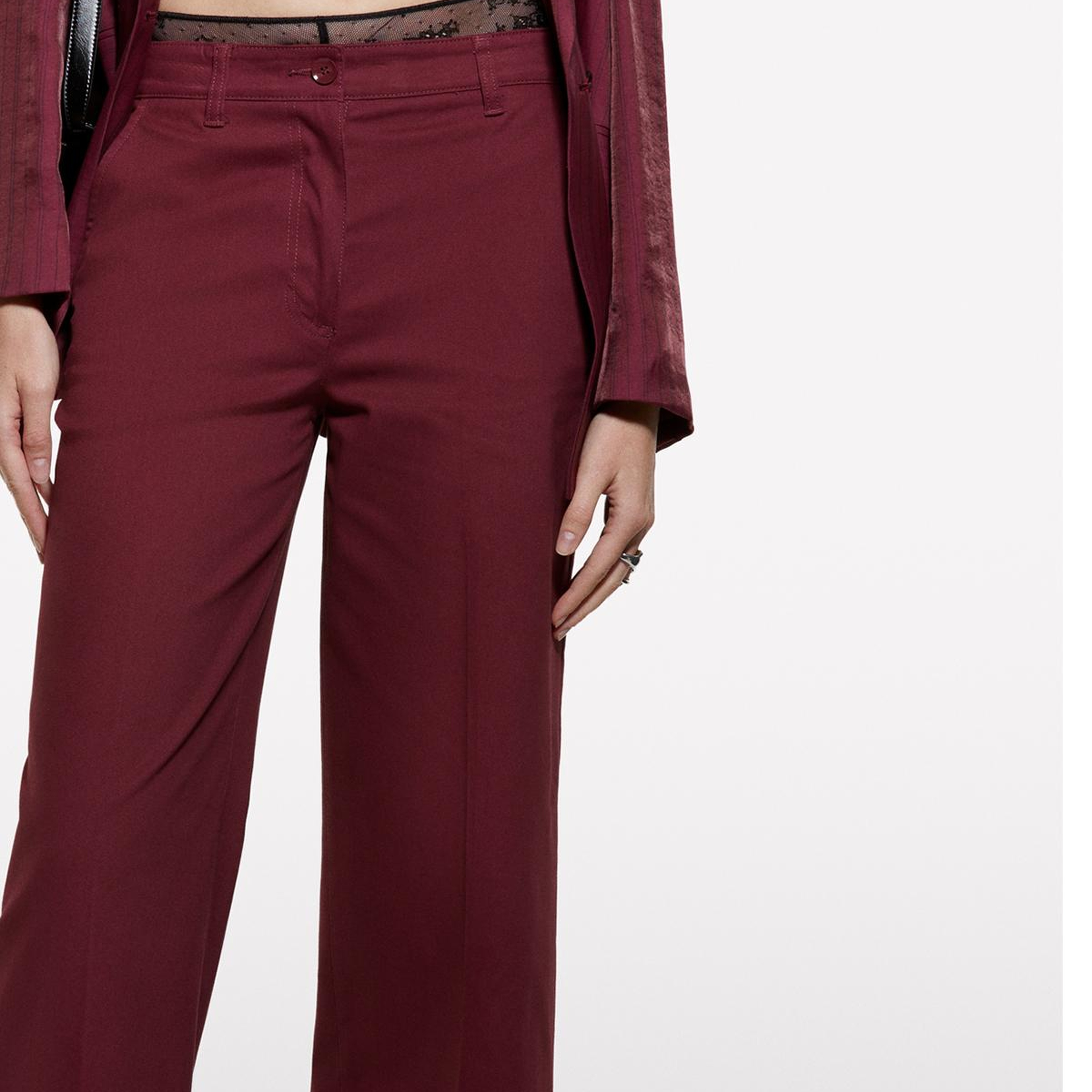 Kadın Bordo Pamuk Karışımlı Wide Leg Fit Streç Gabardin Pantolon