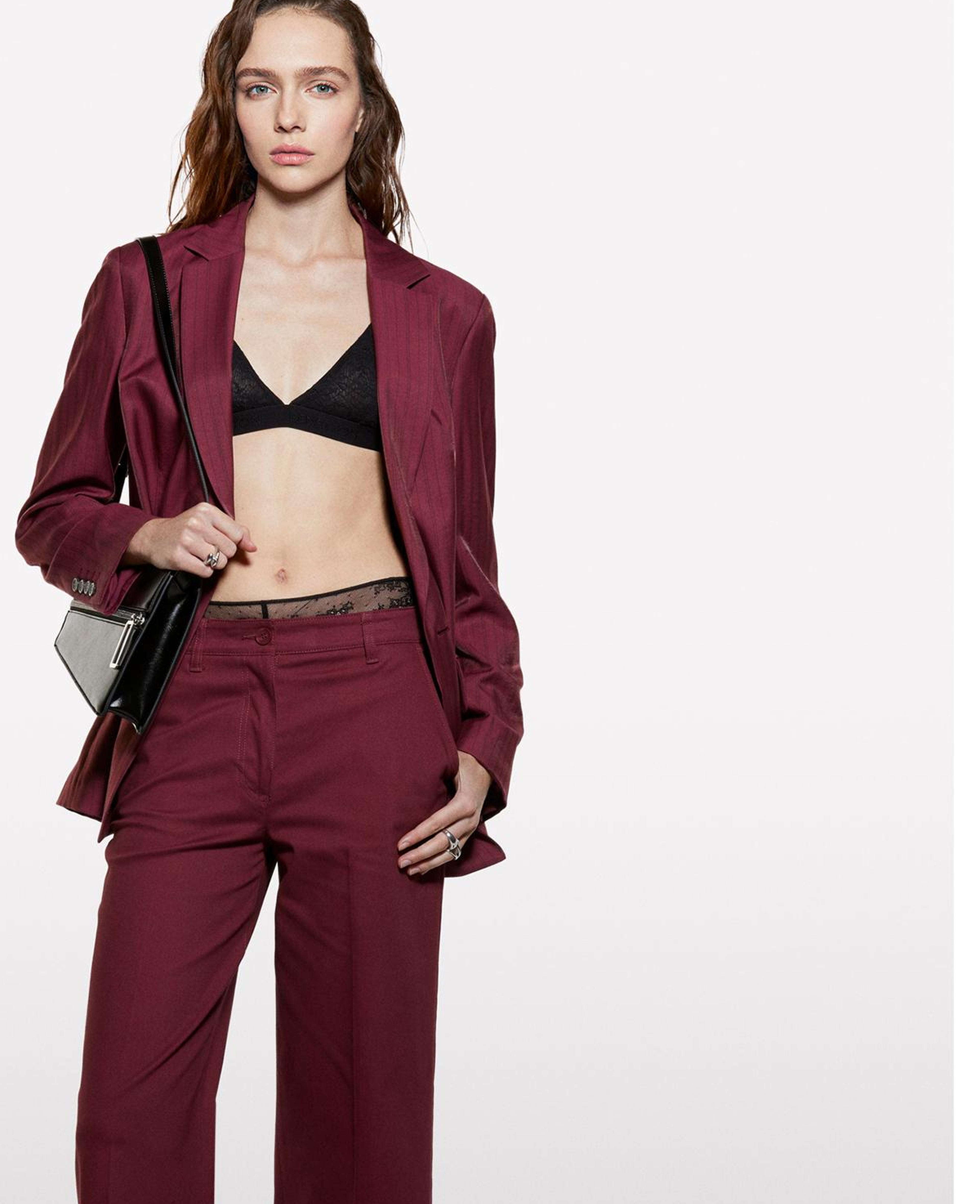 Kadın Bordo Pamuk Karışımlı Wide Leg Fit Streç Gabardin Pantolon