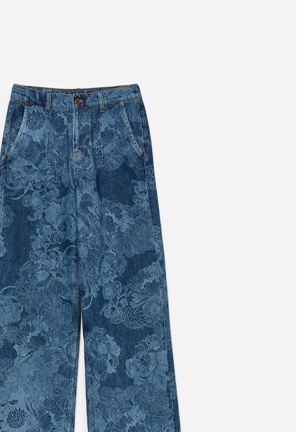 Kadın Denim Mavi %100 Pamuk Baskılı Normal Bel Relaxed Fit Denim Pantolon