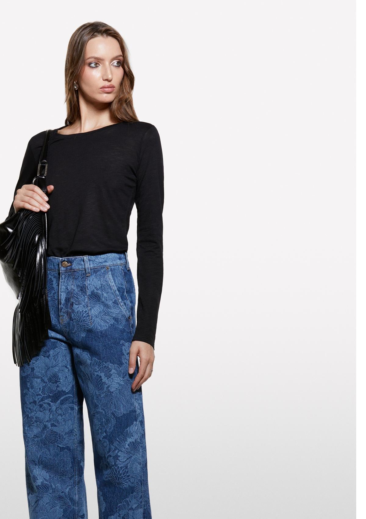 Kadın Denim Mavi %100 Pamuk Baskılı Normal Bel Relaxed Fit Denim Pantolon