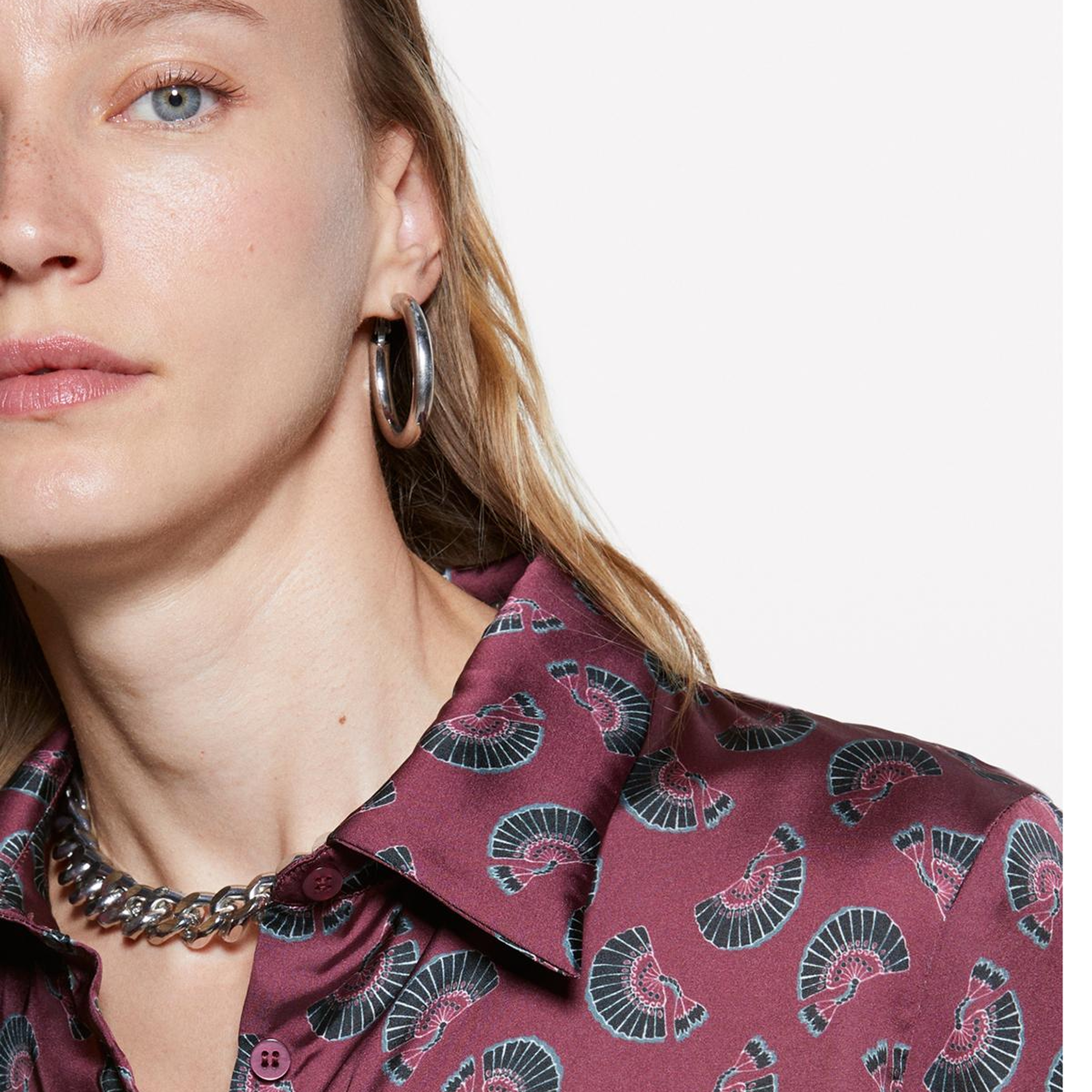 Kadın Bordo Desenli Regular Fit Saten Gömlek
