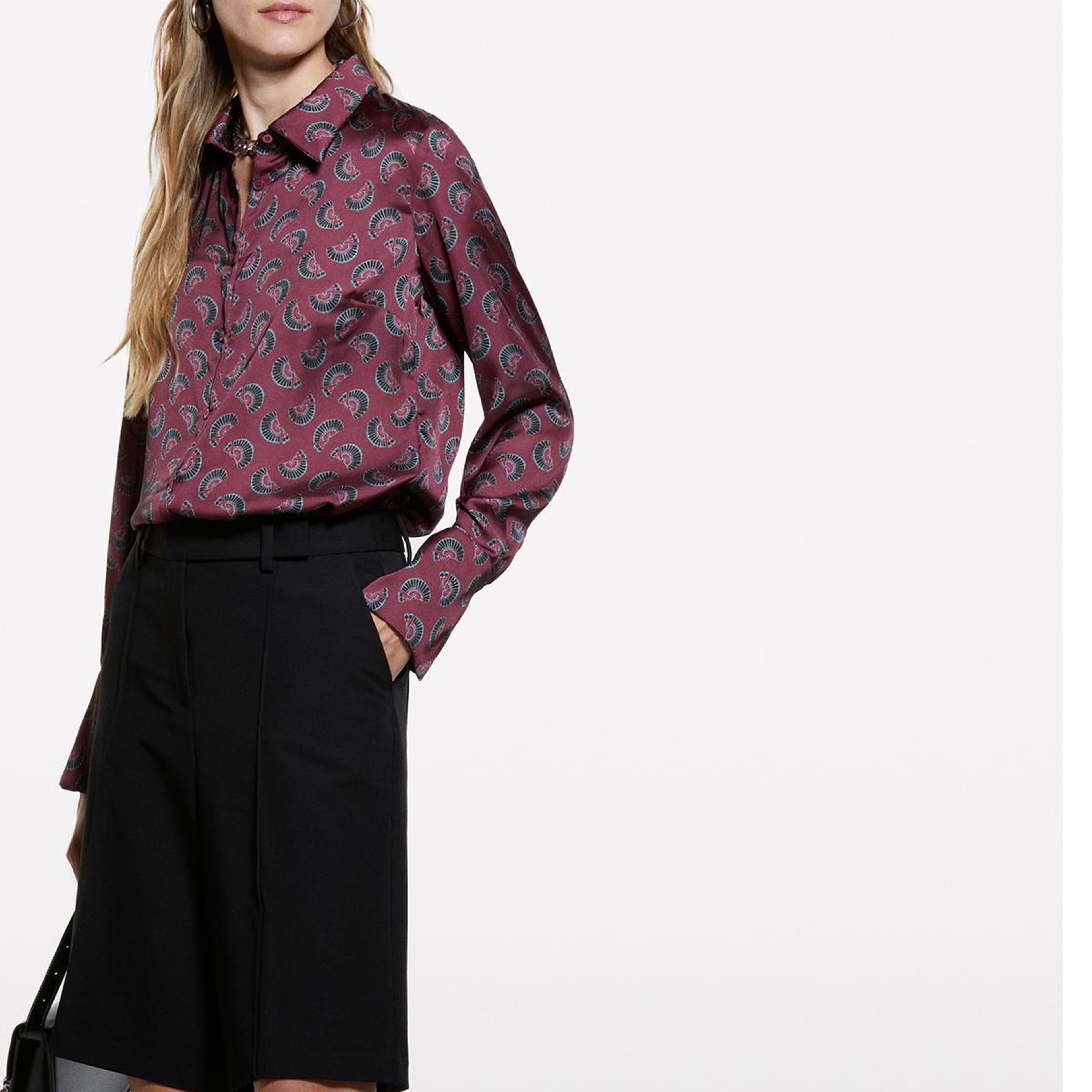 Kadın Bordo Desenli Regular Fit Saten Gömlek