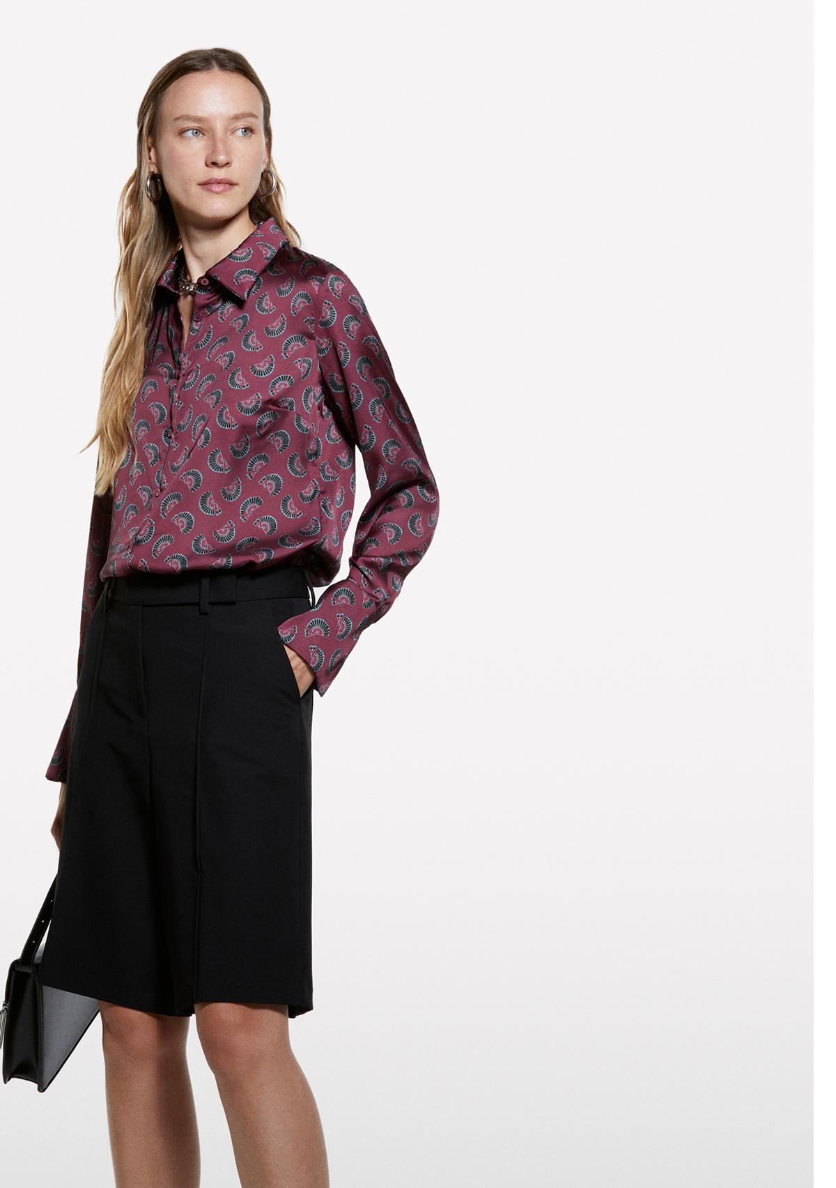 Kadın Bordo Desenli Regular Fit Saten Gömlek