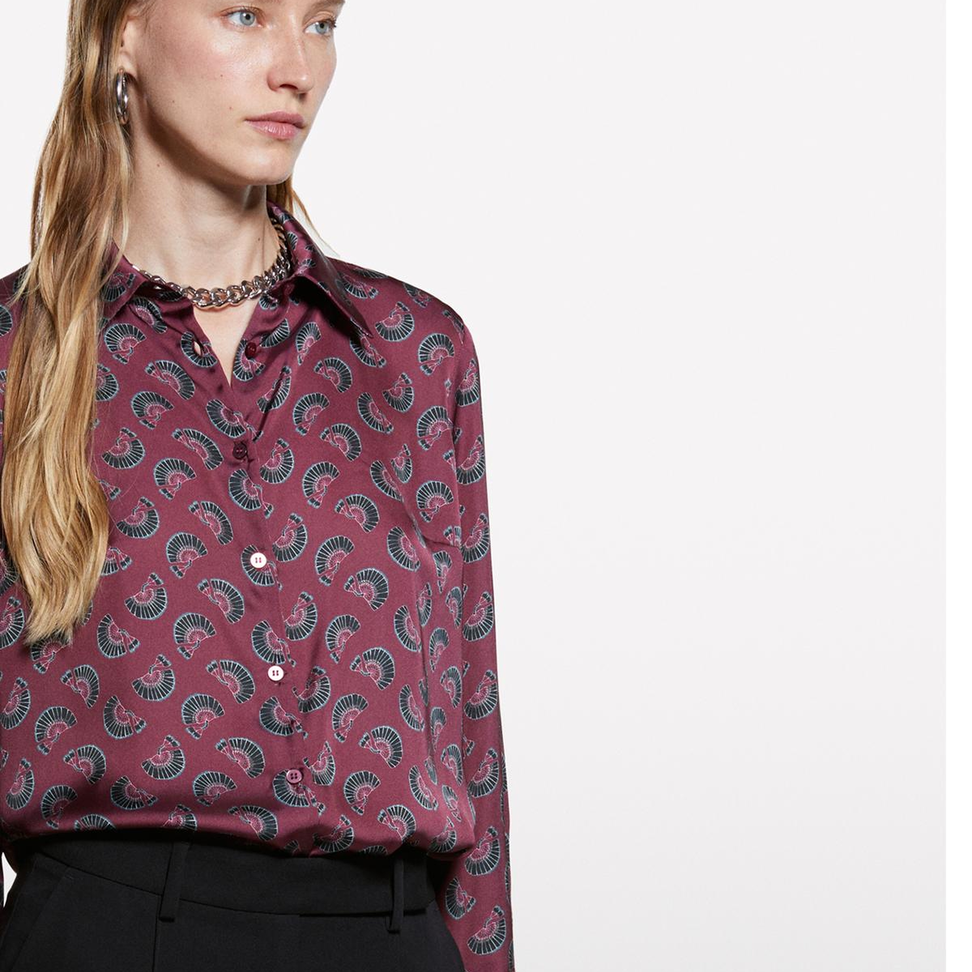 Kadın Bordo Desenli Regular Fit Saten Gömlek