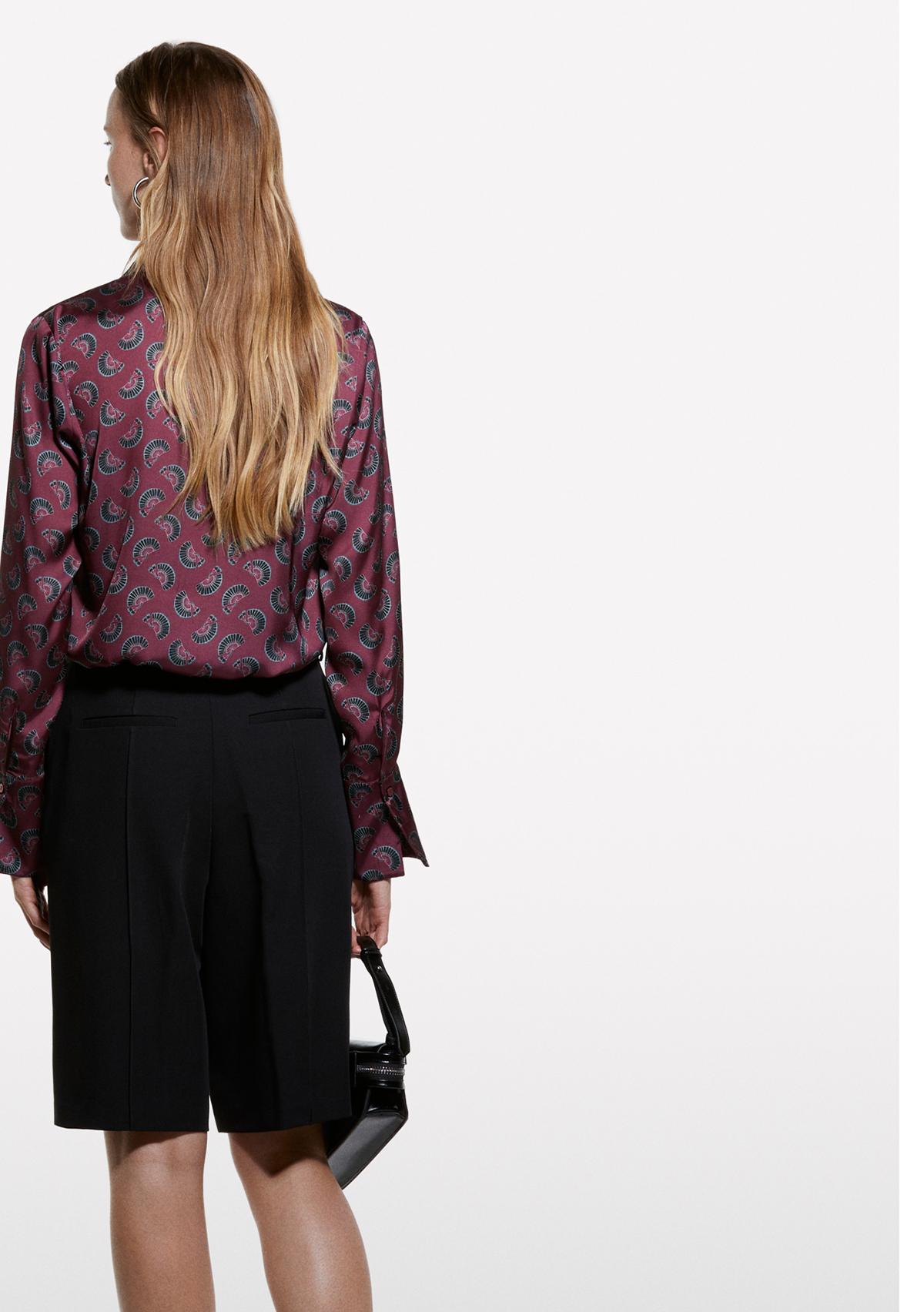 Kadın Bordo Desenli Regular Fit Saten Gömlek