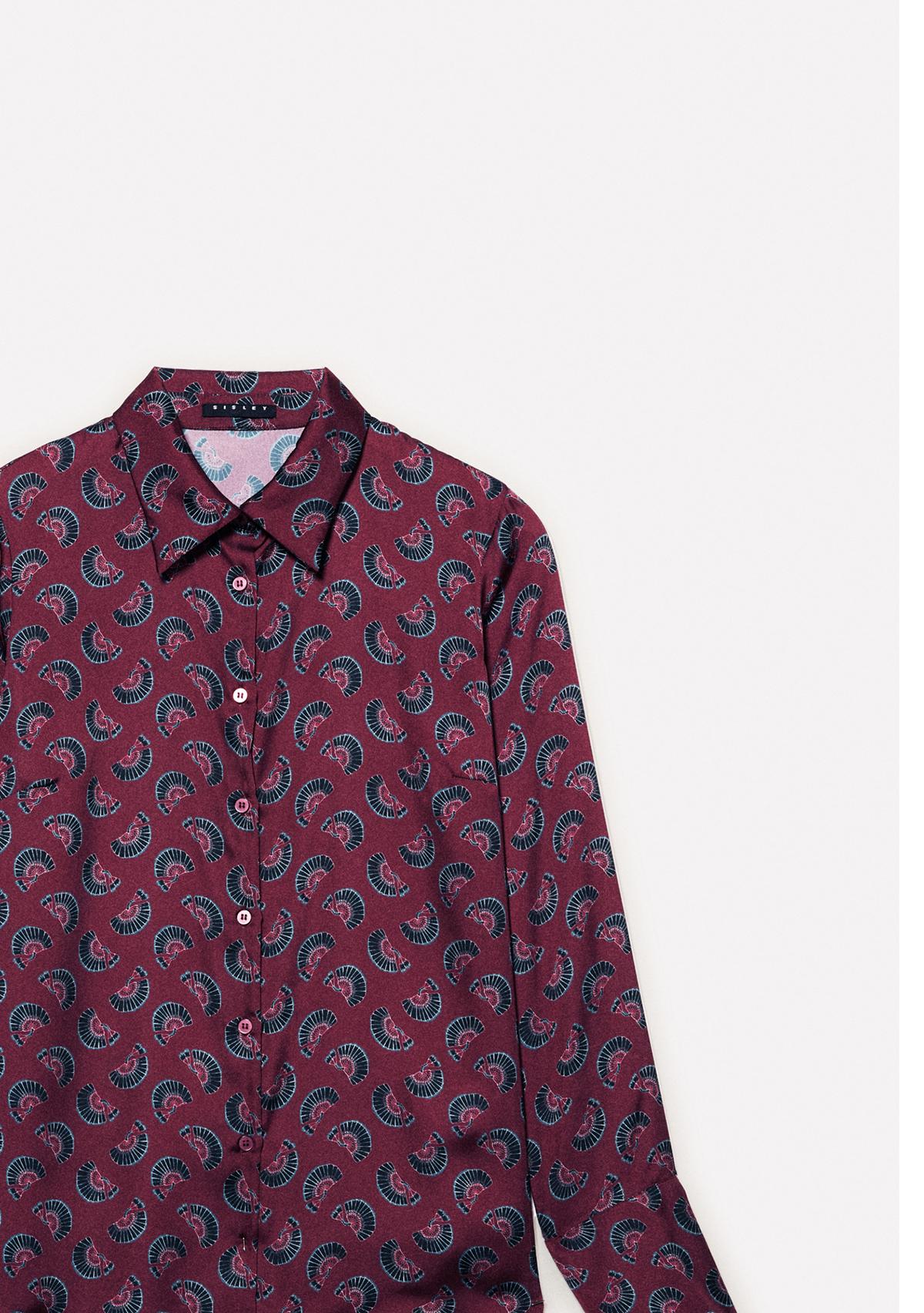 Kadın Bordo Desenli Regular Fit Saten Gömlek