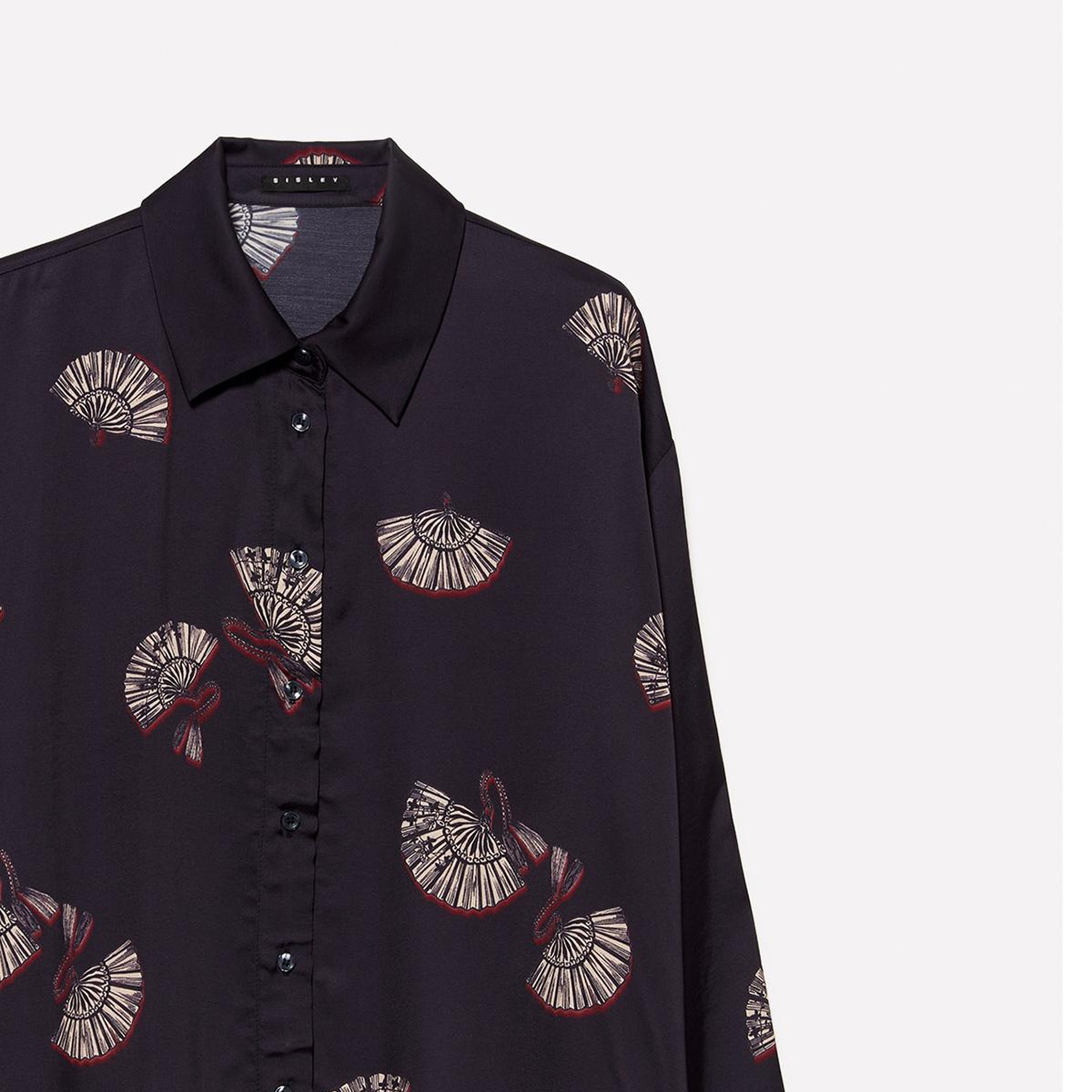 Kadın Siyah %100 Viskoz Tamamı Desenli Asimetrik Oversize Saten Gömlek