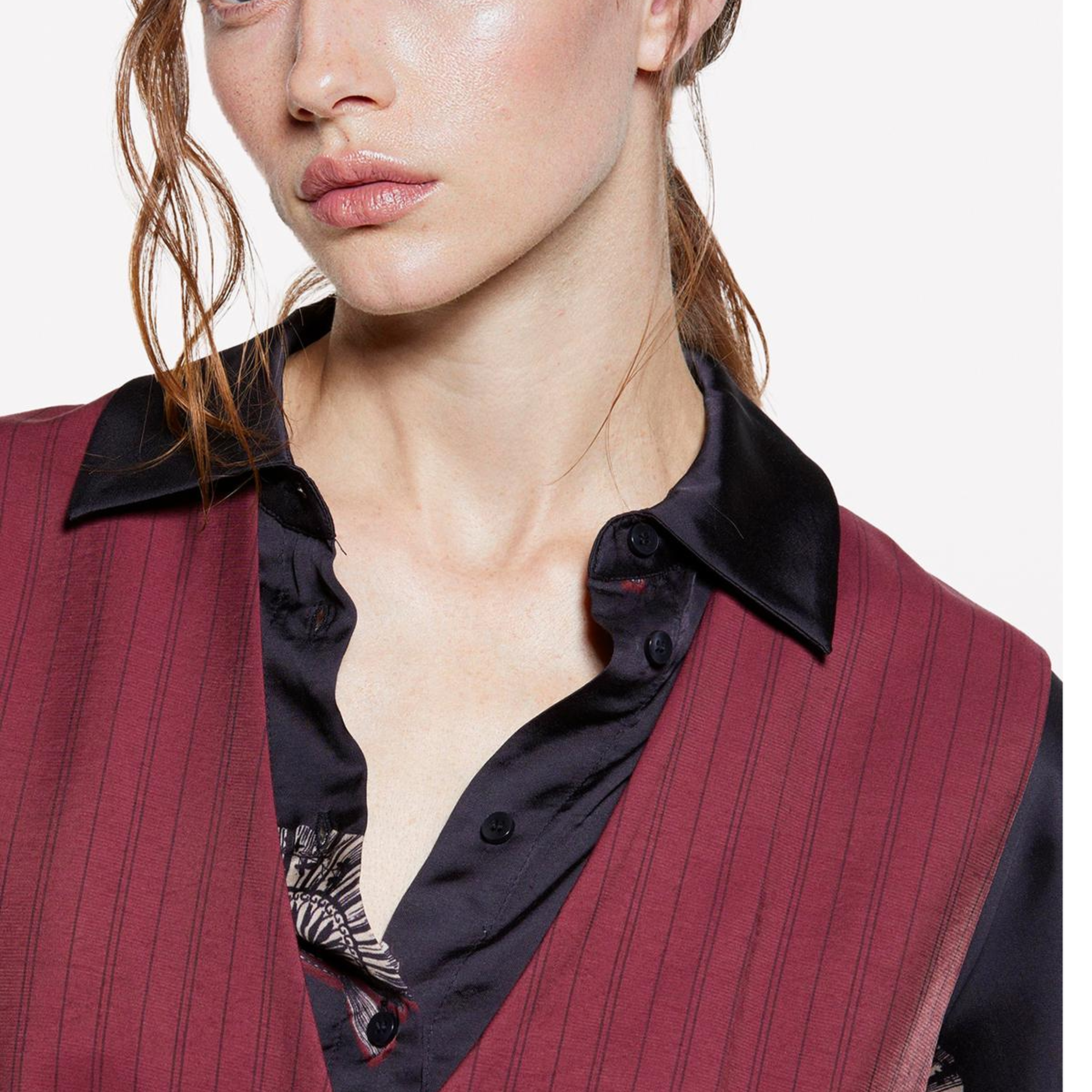 Kadın Siyah %100 Viskoz Tamamı Desenli Asimetrik Oversize Saten Gömlek