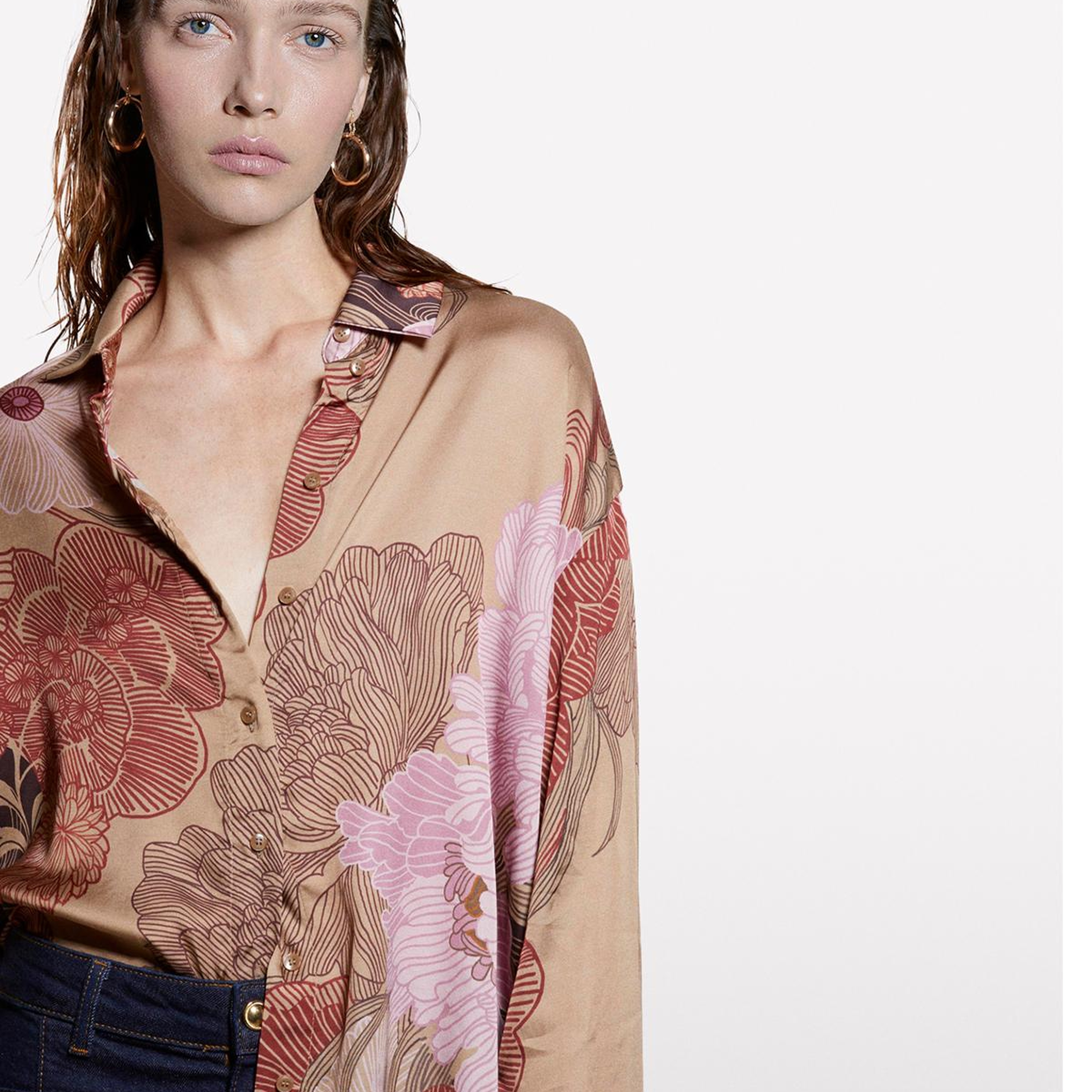 Kadın Pembe Mix %100 Viskoz Tamamı Desenli Asimetrik Oversize Saten Gömlek