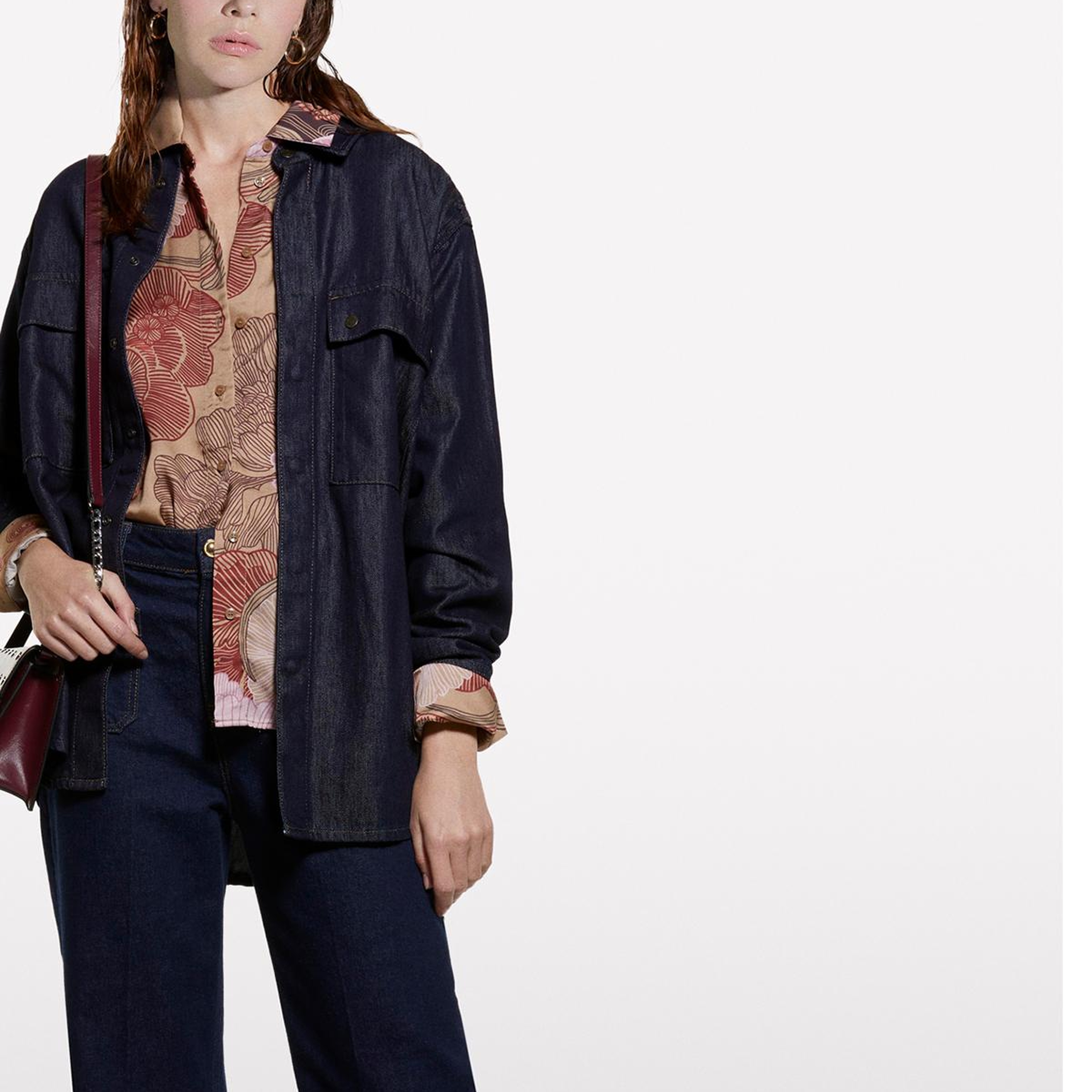 Kadın Pembe Mix %100 Viskoz Tamamı Desenli Asimetrik Oversize Saten Gömlek