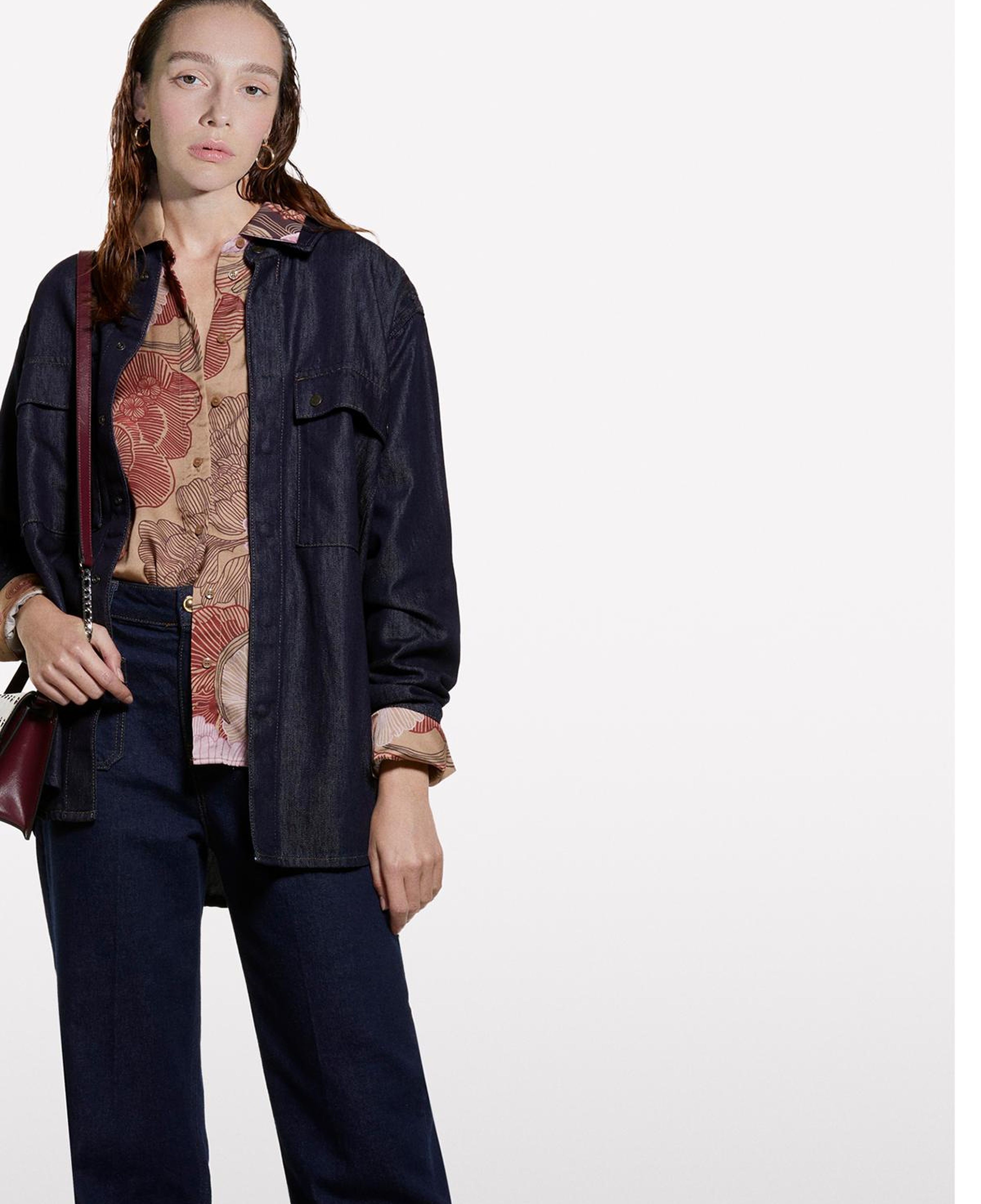 Kadın Pembe Mix %100 Viskoz Tamamı Desenli Asimetrik Oversize Saten Gömlek