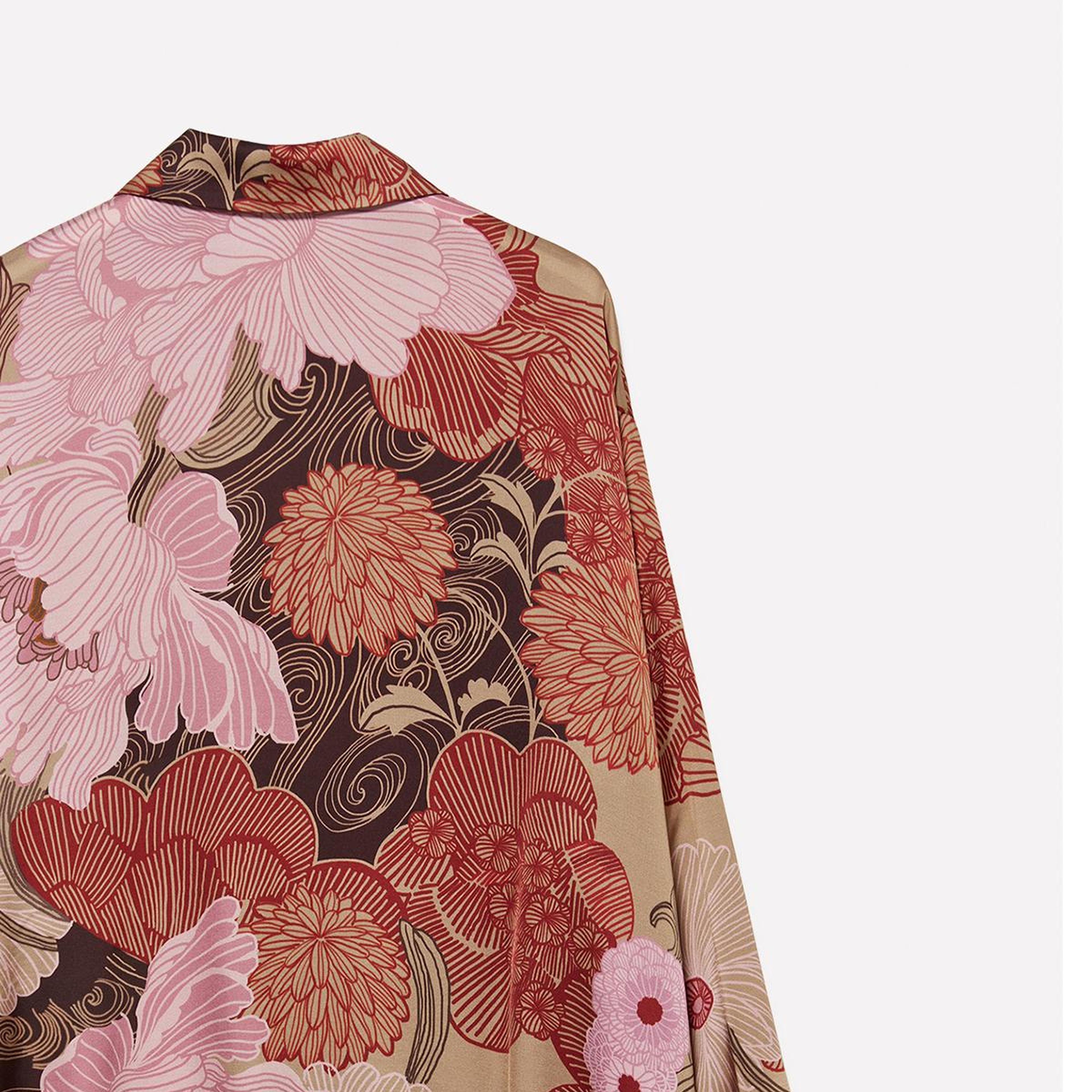 Kadın Pembe Mix %100 Viskoz Tamamı Desenli Asimetrik Oversize Saten Gömlek