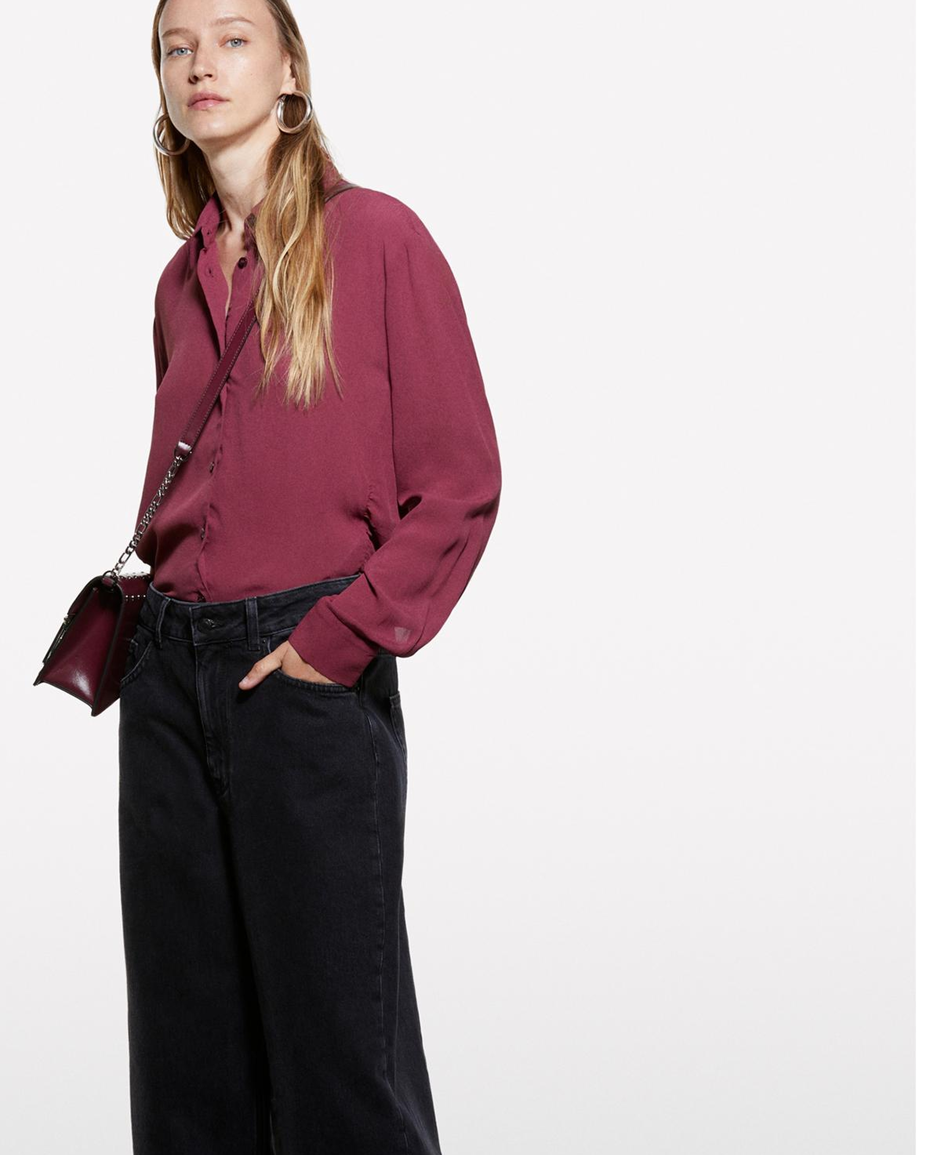 Kadın Bordo %100 Viskoz Asimetrik Oversize Gömlek