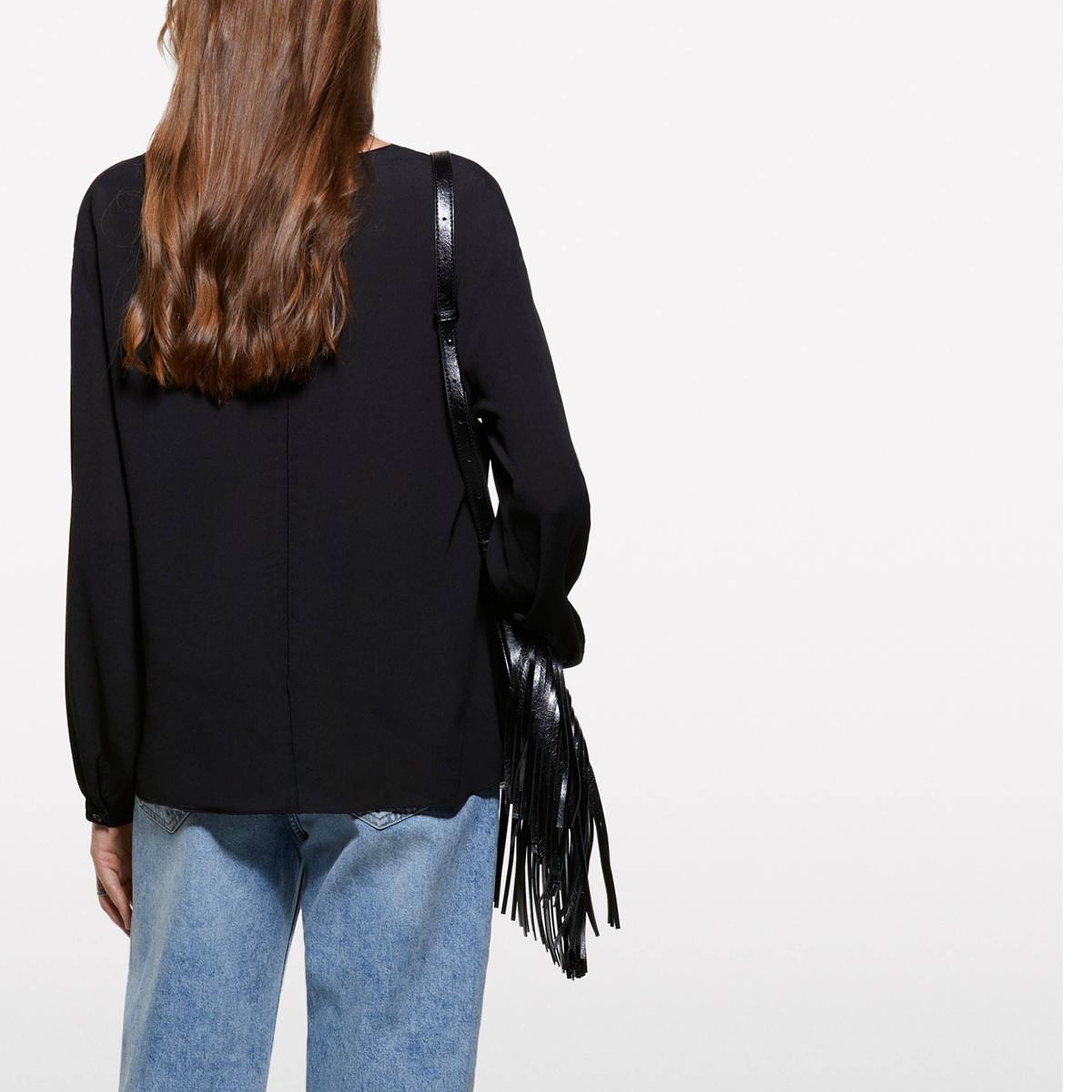 Kadın Siyah %100 Viskoz V Yaka Oversize Bluz