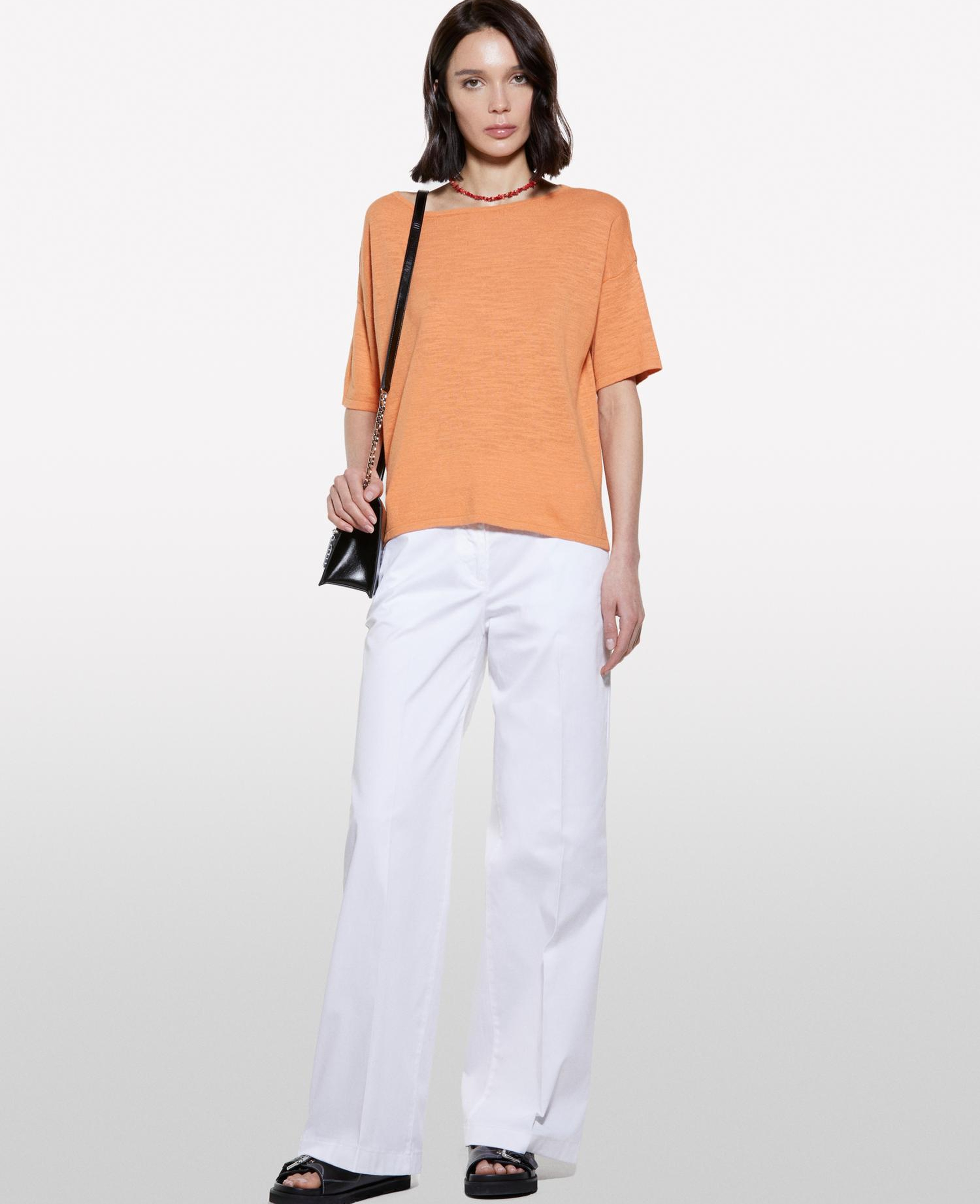 Kadın Turuncu Keten Karışımlı Bisiklet Yaka Oversize T-Shirt