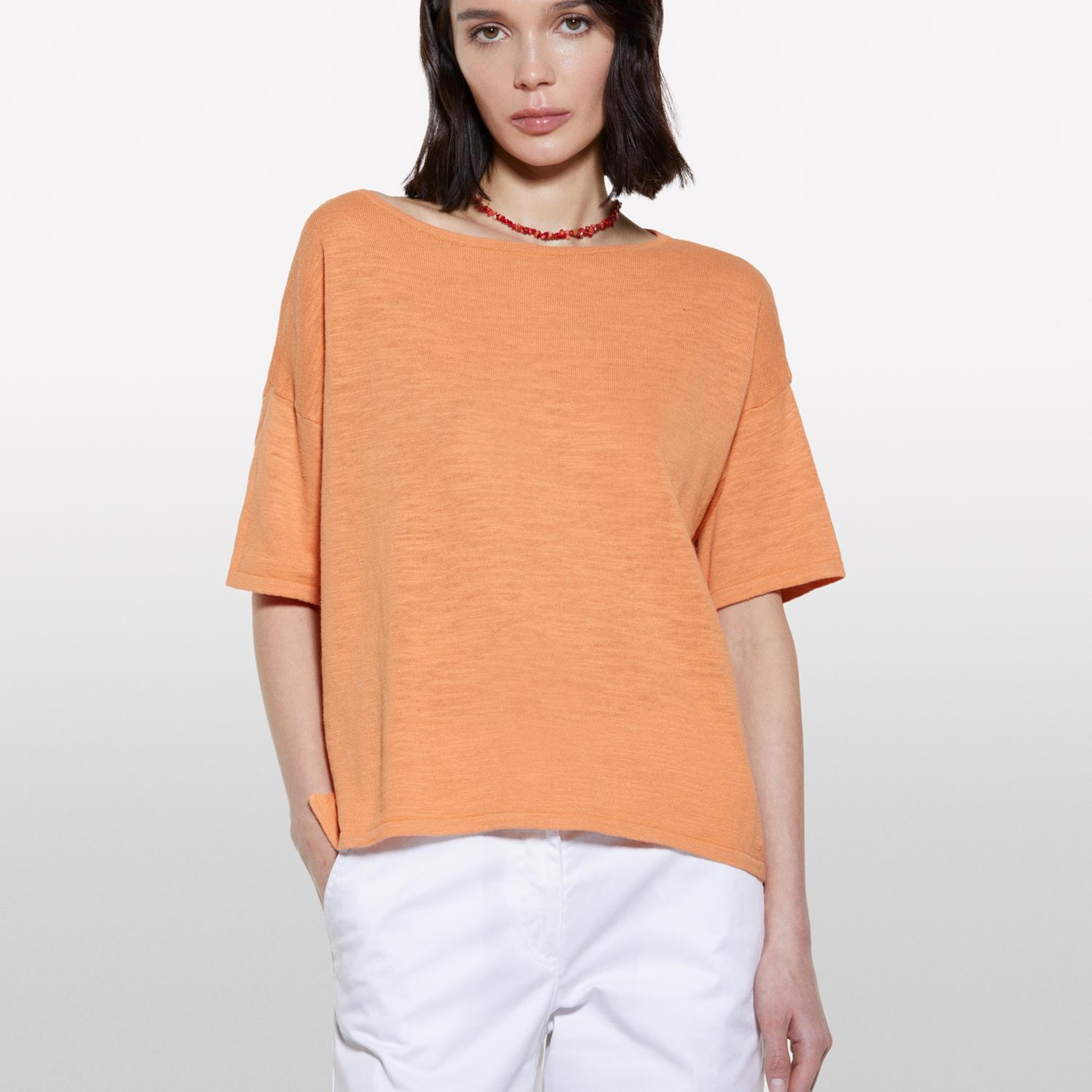 Kadın Turuncu Keten Karışımlı Bisiklet Yaka Oversize T-Shirt