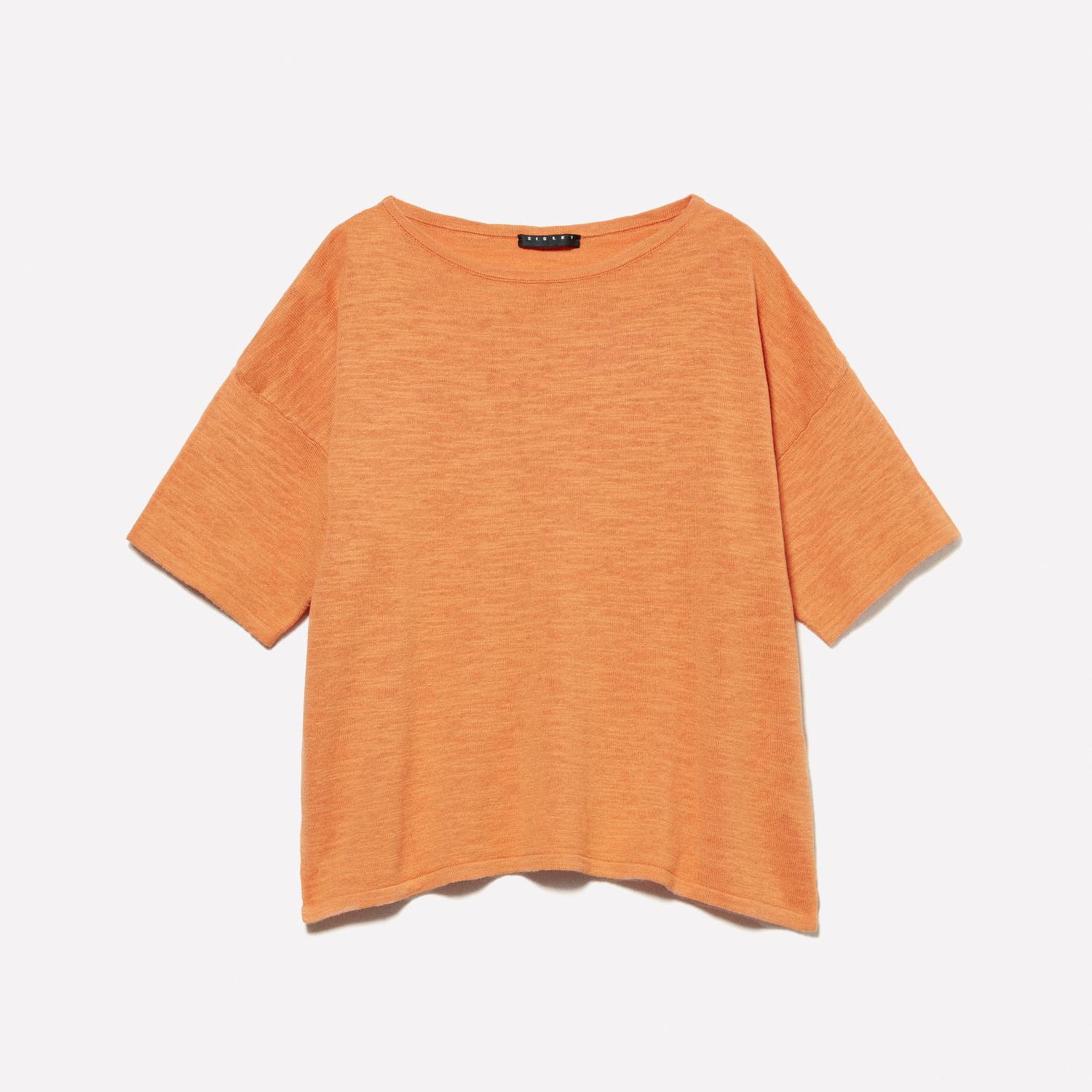 Kadın Turuncu Keten Karışımlı Bisiklet Yaka Oversize T-Shirt