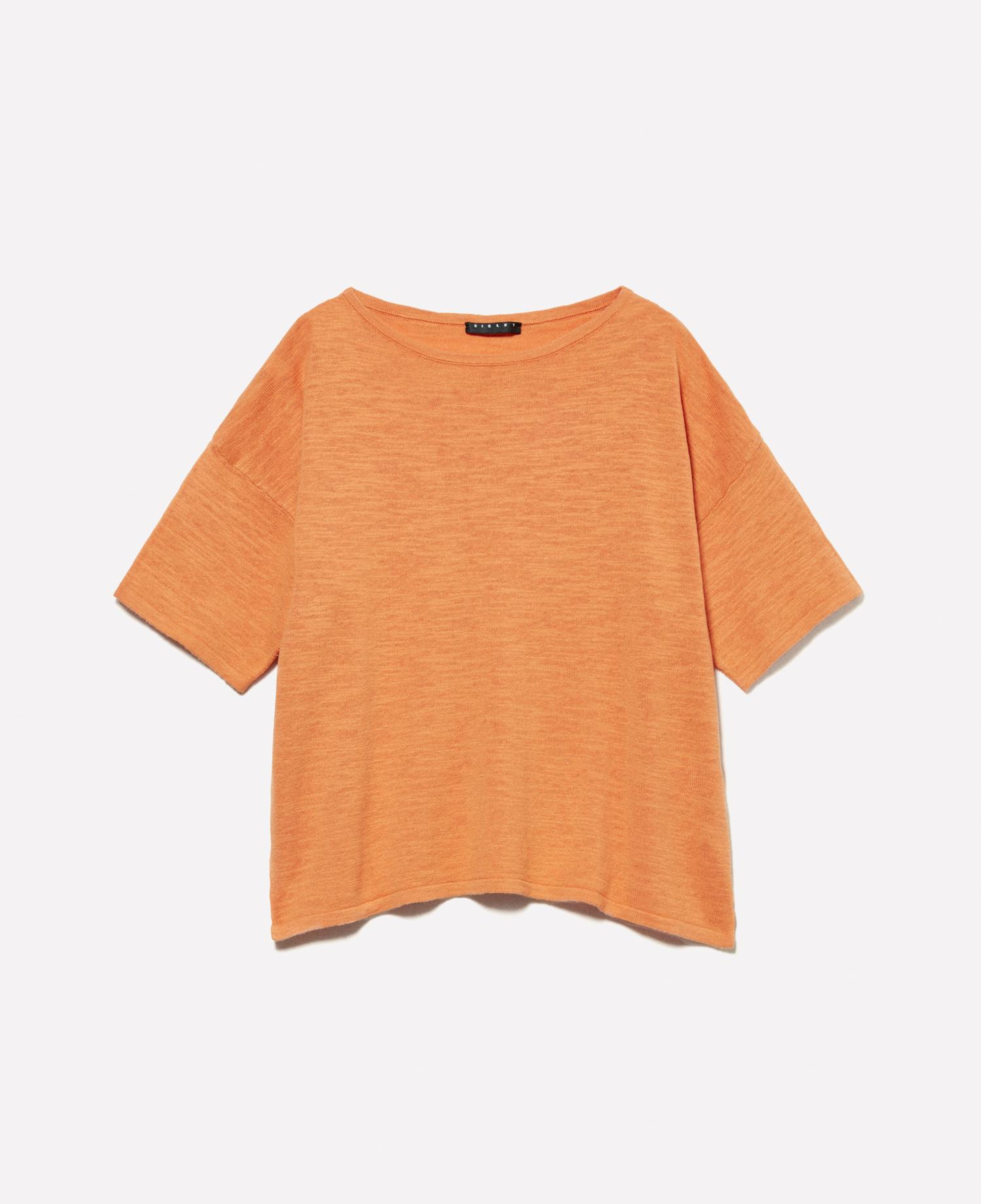 Kadın Turuncu Keten Karışımlı Bisiklet Yaka Oversize T-Shirt