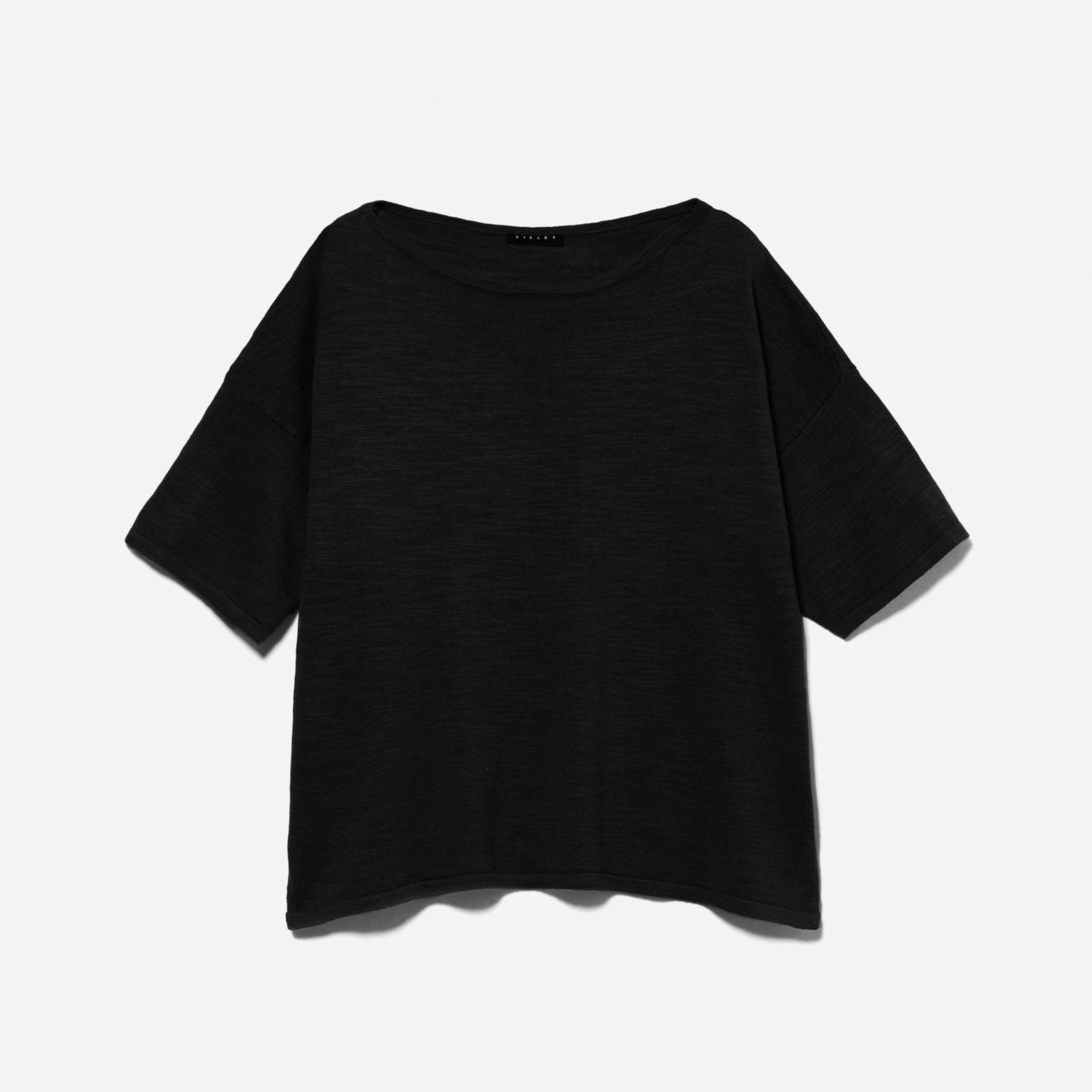 Kadın Siyah Keten Karışımlı Bisiklet Yaka Oversize T-Shirt