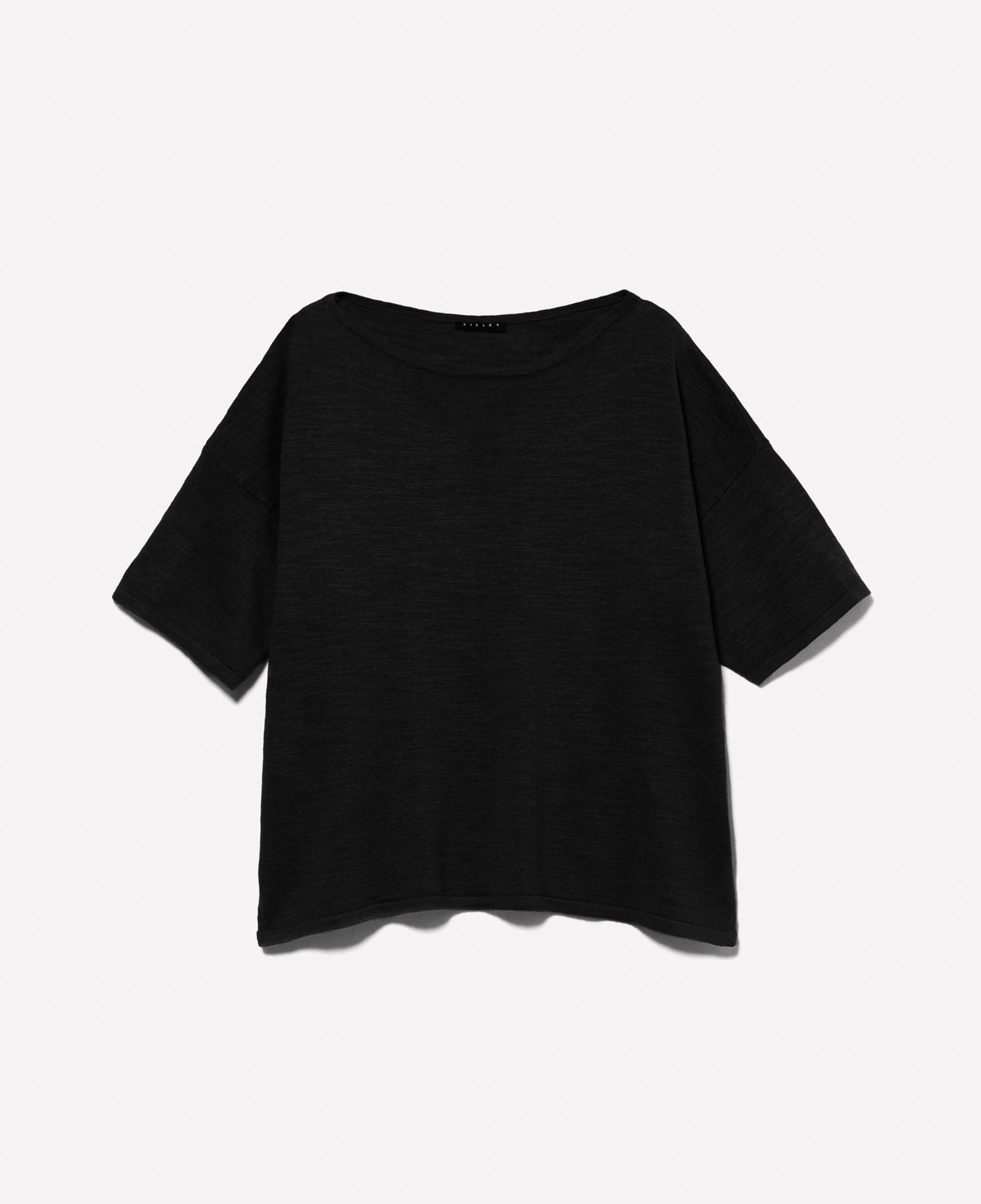Kadın Siyah Keten Karışımlı Bisiklet Yaka Oversize T-Shirt