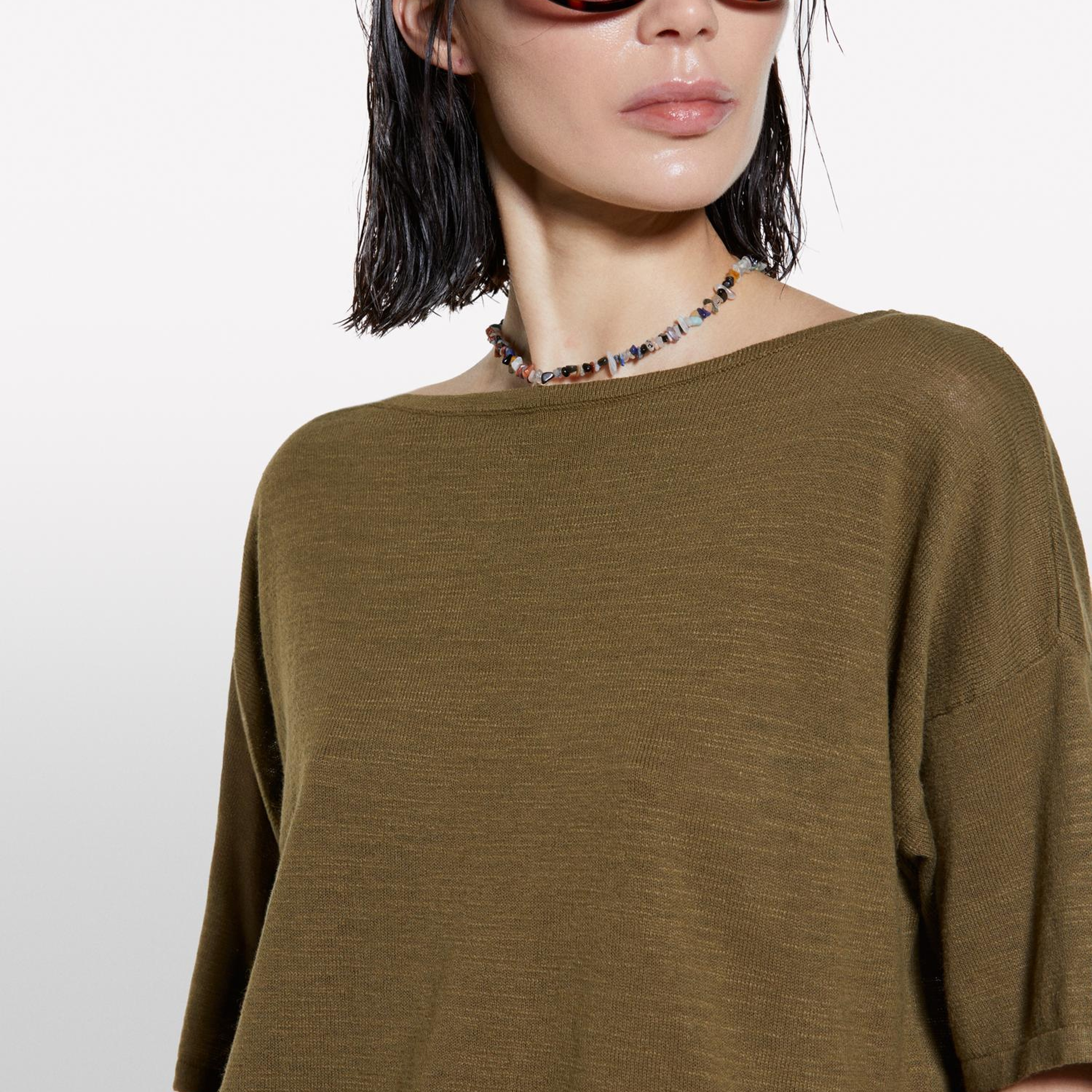 Kadın Koyu Haki Keten Karışımlı Bisiklet Yaka Oversize T-Shirt