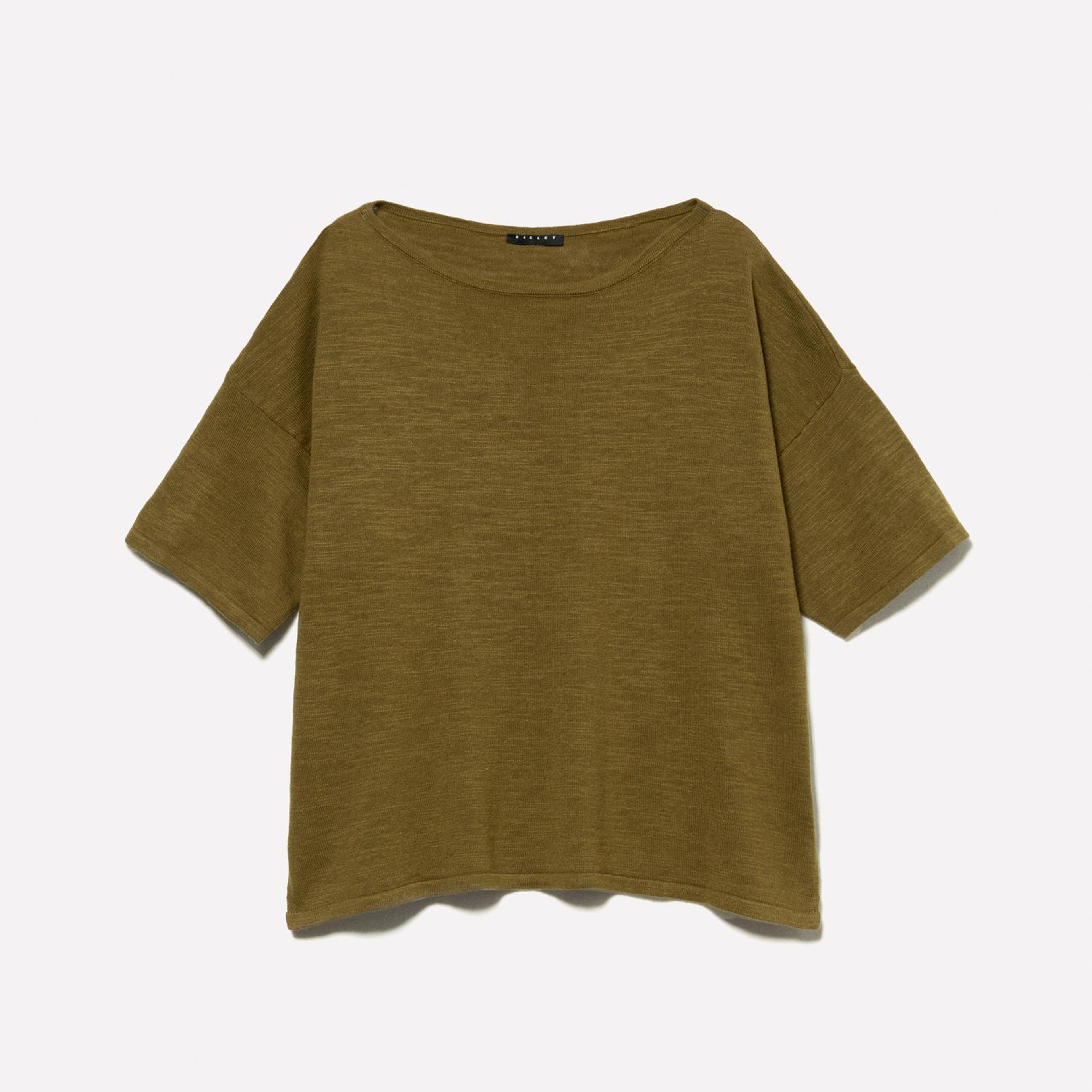 Kadın Koyu Haki Keten Karışımlı Bisiklet Yaka Oversize T-Shirt