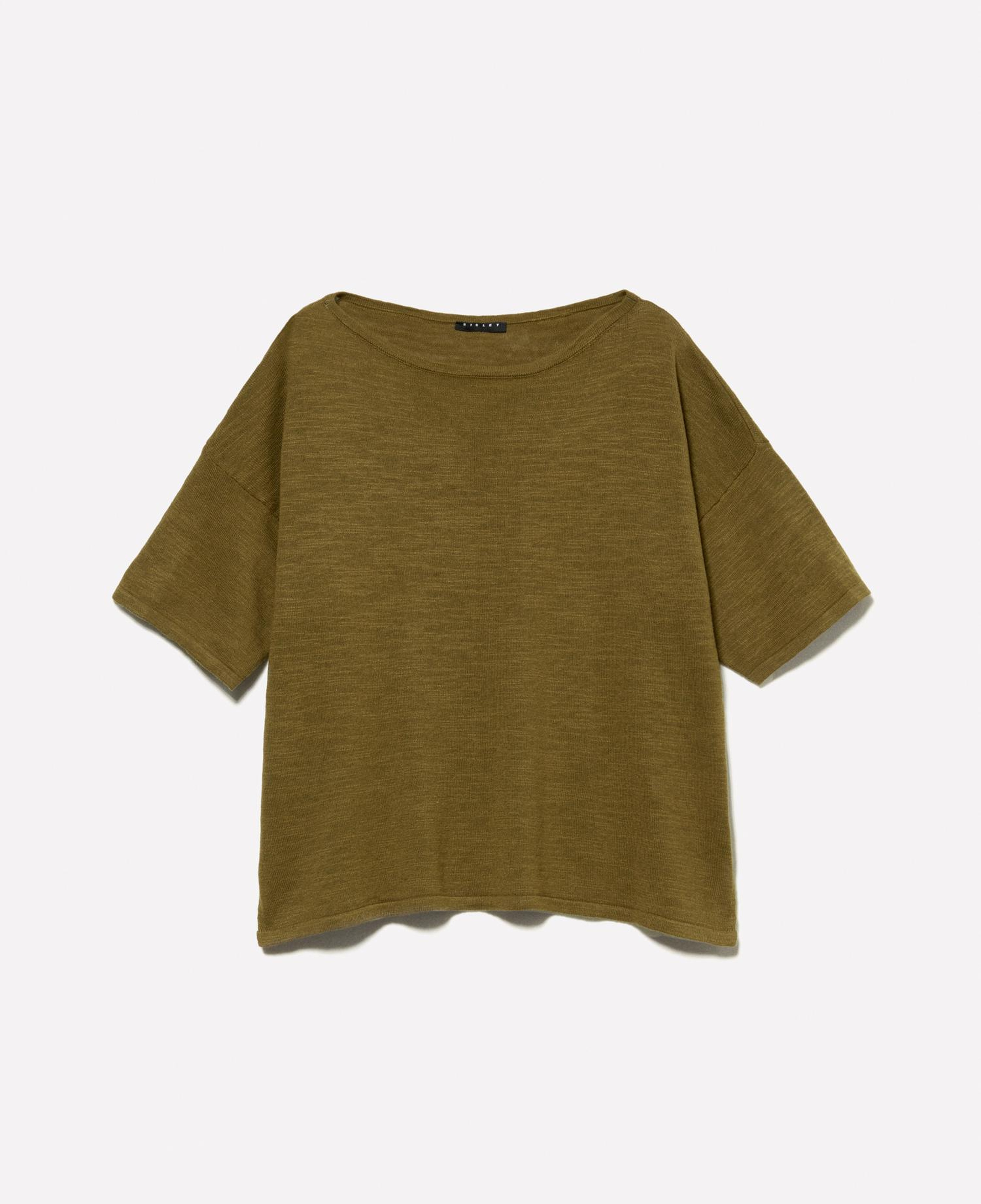 Kadın Koyu Haki Keten Karışımlı Bisiklet Yaka Oversize T-Shirt