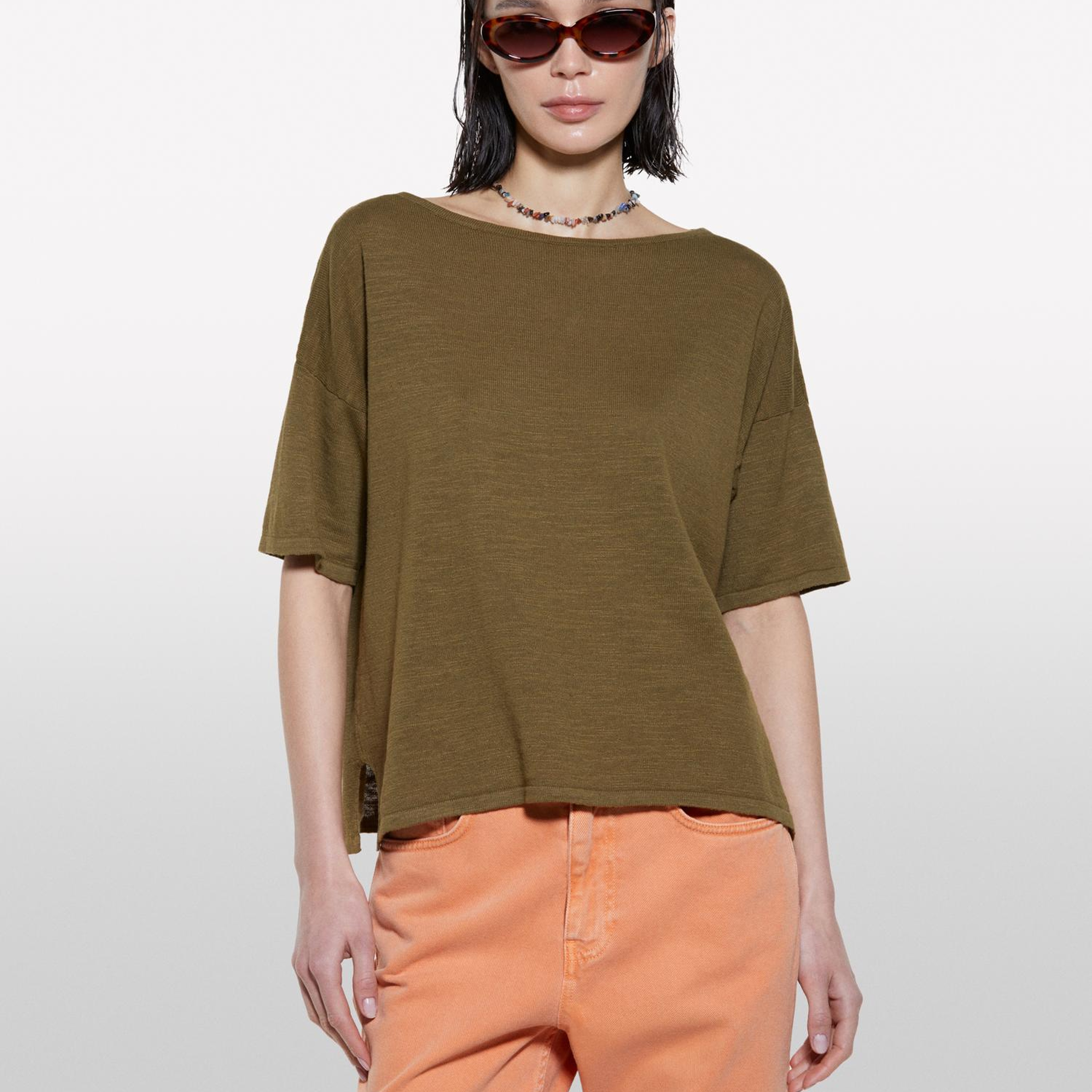 Kadın Koyu Haki Keten Karışımlı Bisiklet Yaka Oversize T-Shirt