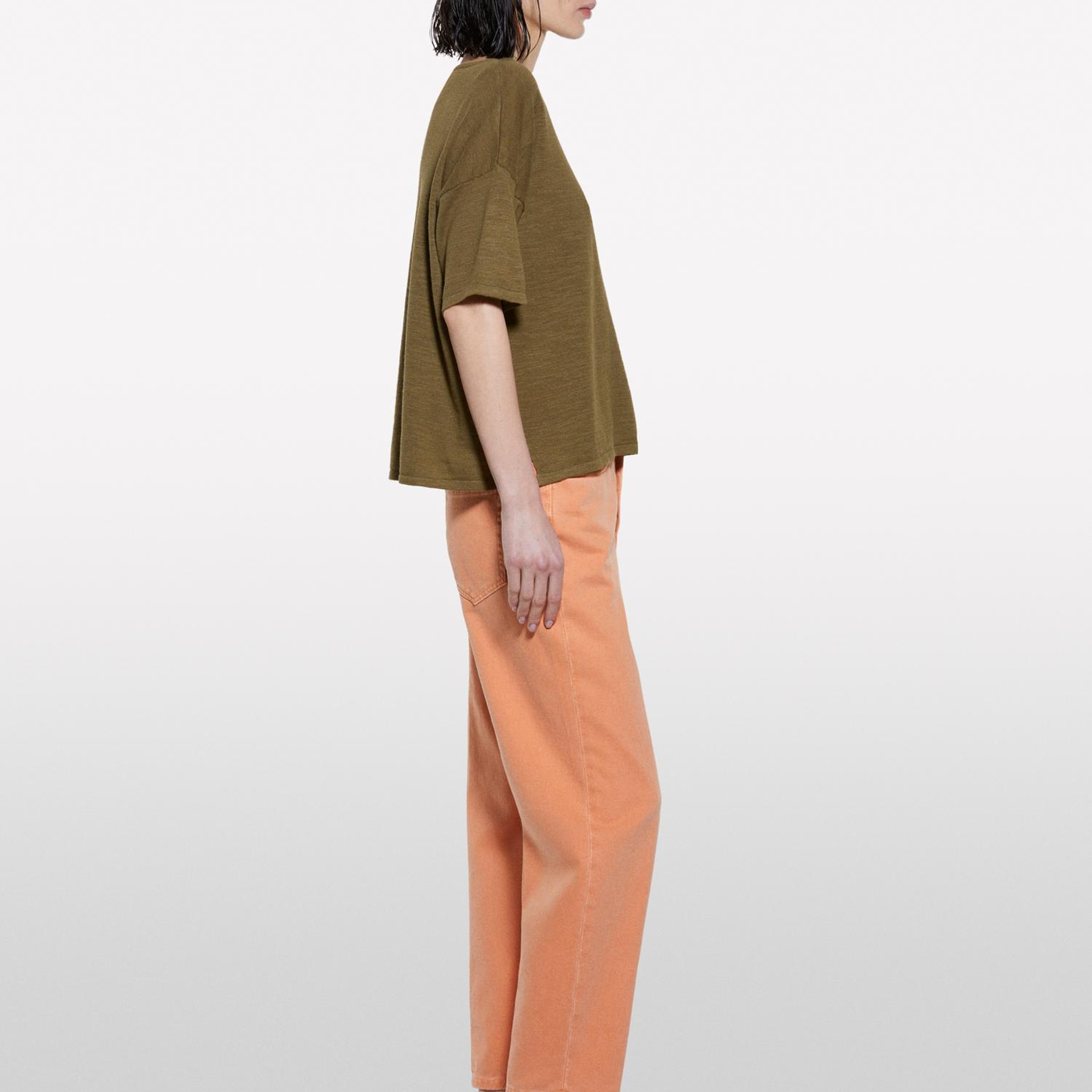 Kadın Koyu Haki Keten Karışımlı Bisiklet Yaka Oversize T-Shirt