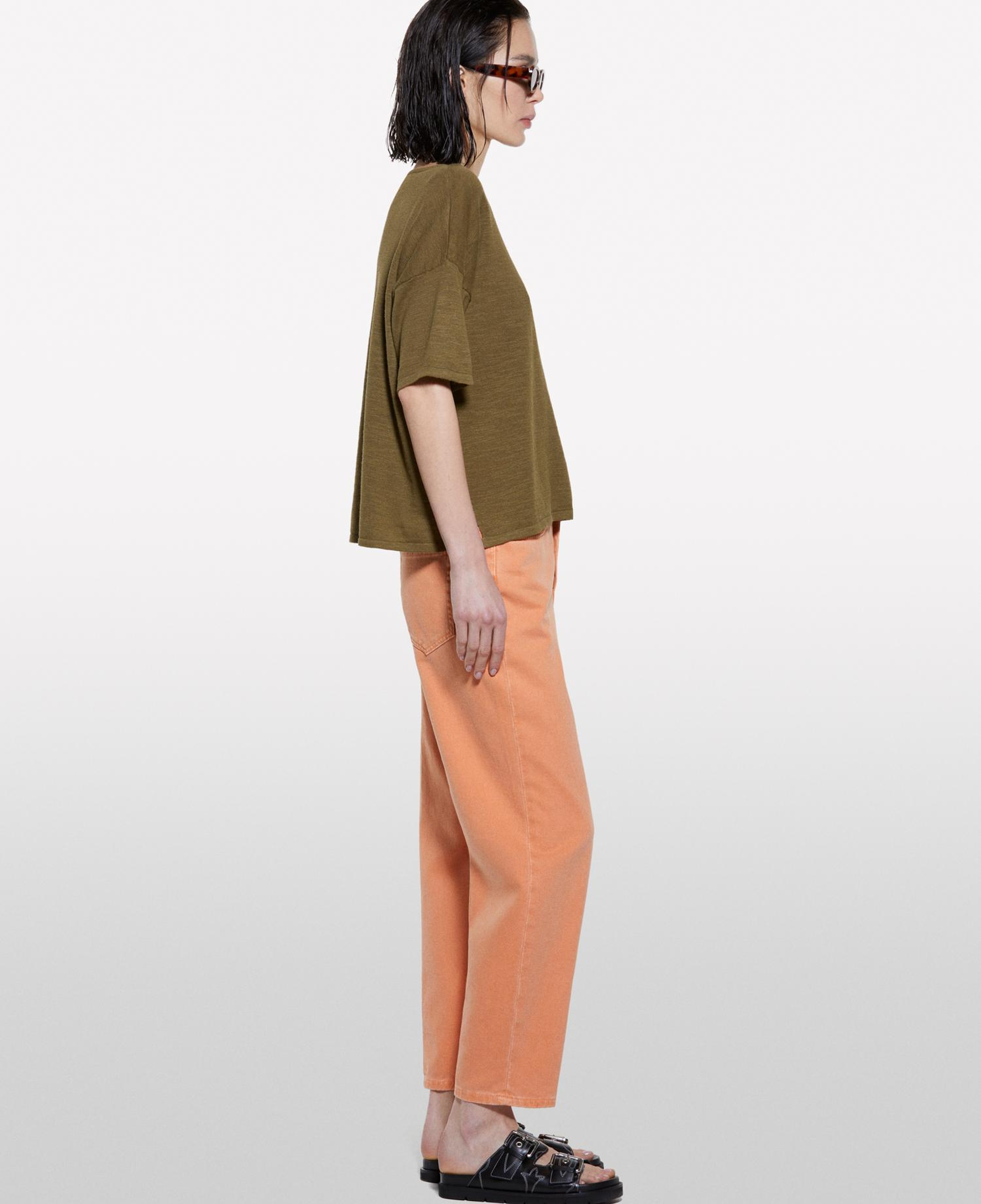 Kadın Koyu Haki Keten Karışımlı Bisiklet Yaka Oversize T-Shirt