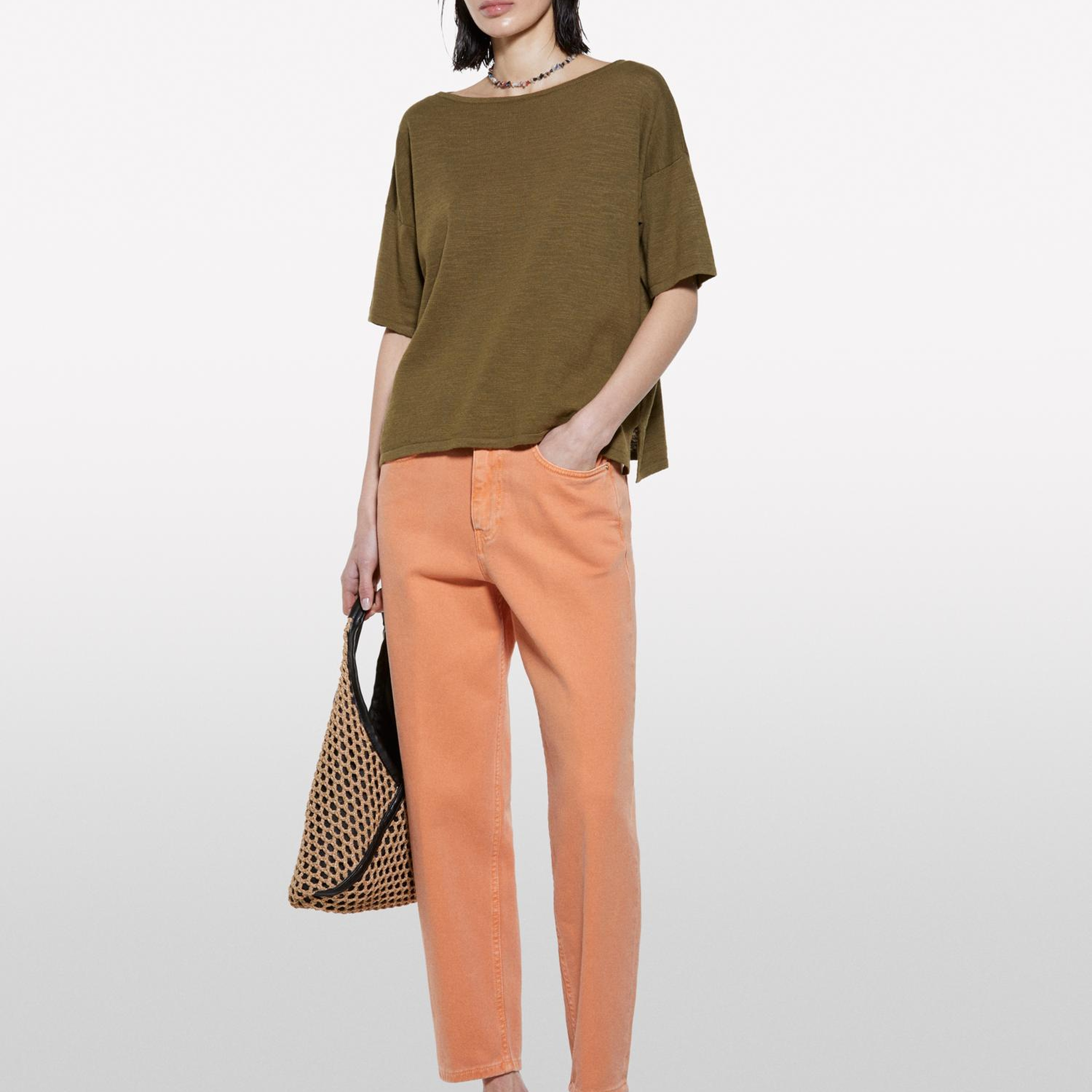 Kadın Koyu Haki Keten Karışımlı Bisiklet Yaka Oversize T-Shirt