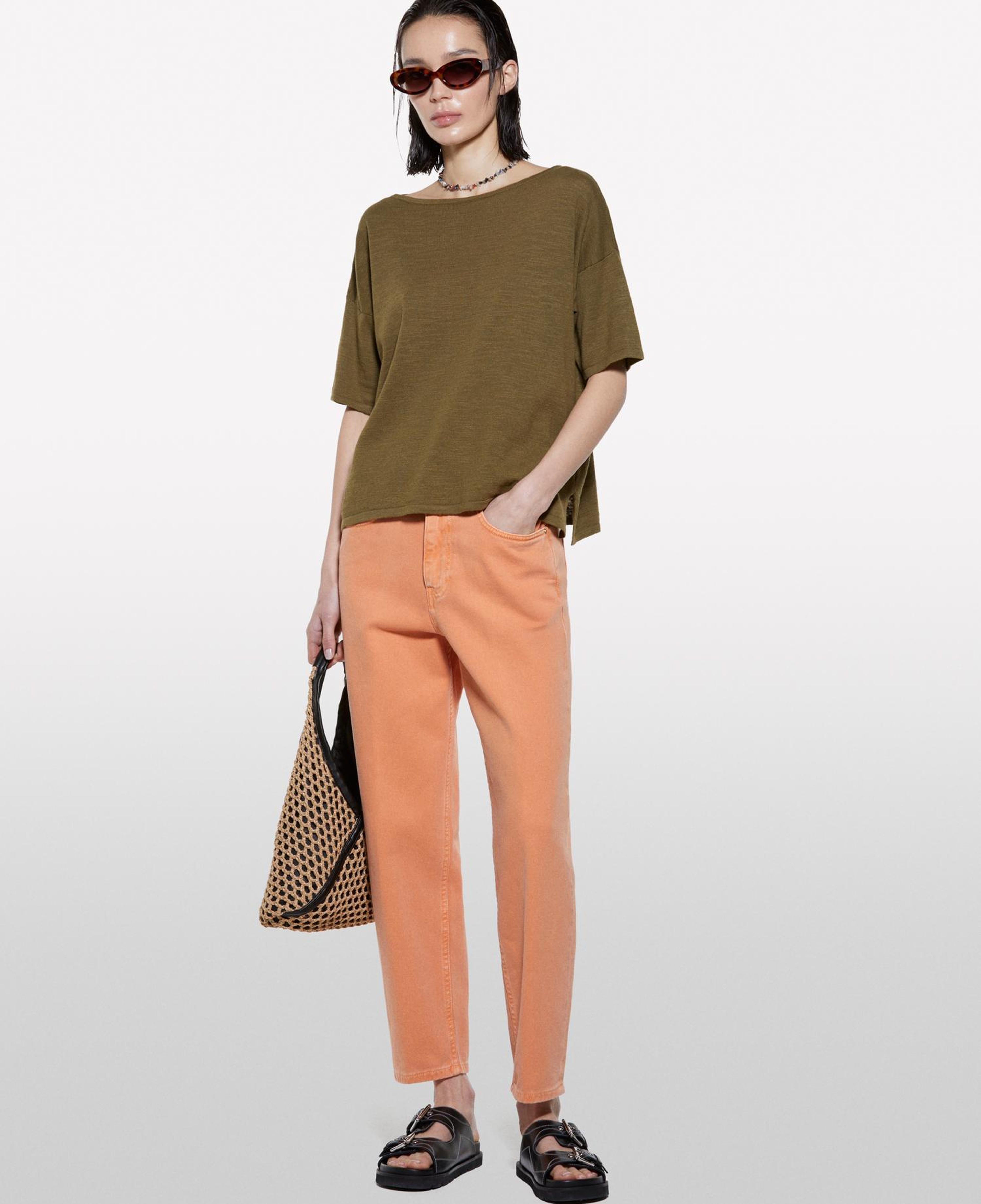 Kadın Koyu Haki Keten Karışımlı Bisiklet Yaka Oversize T-Shirt