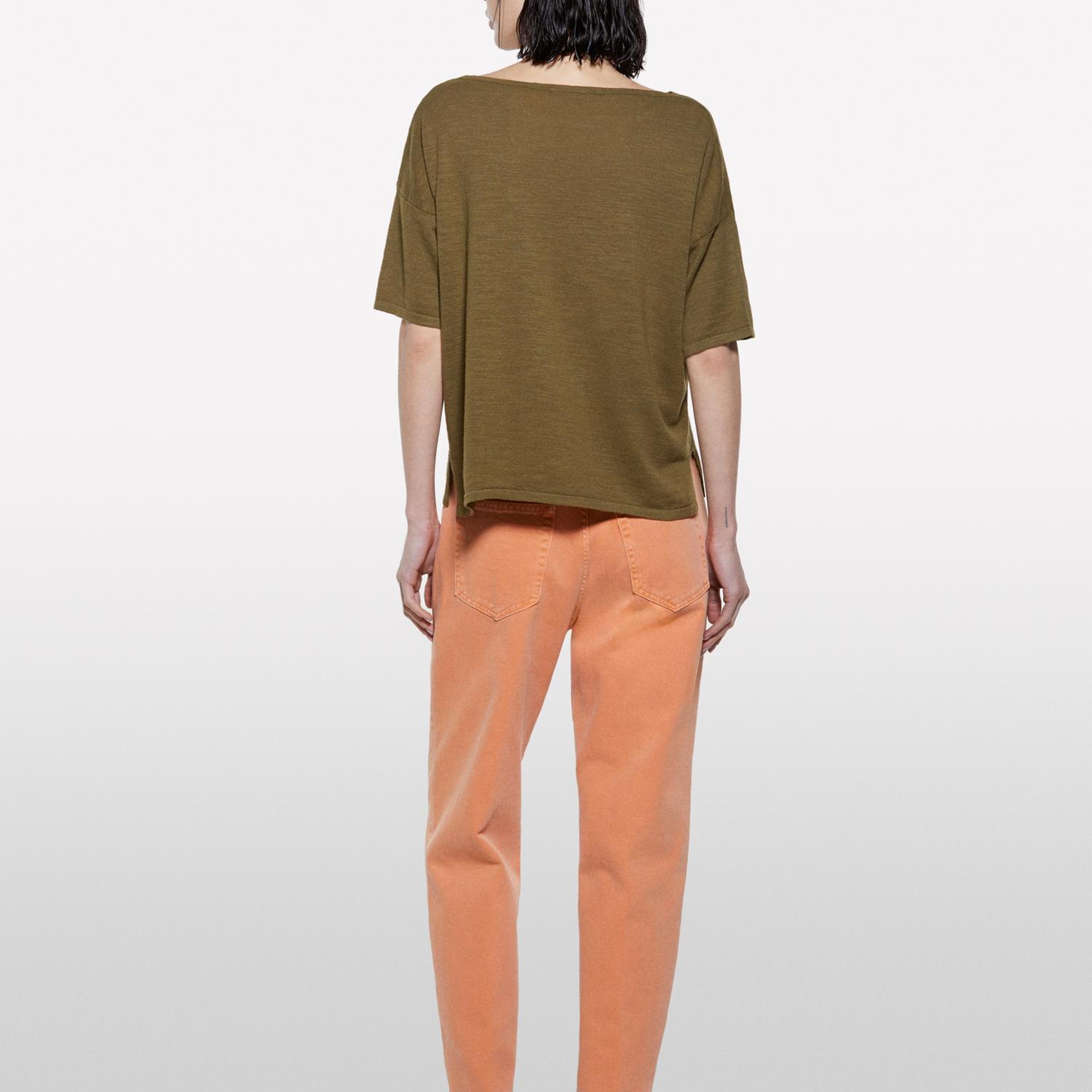 Kadın Koyu Haki Keten Karışımlı Bisiklet Yaka Oversize T-Shirt