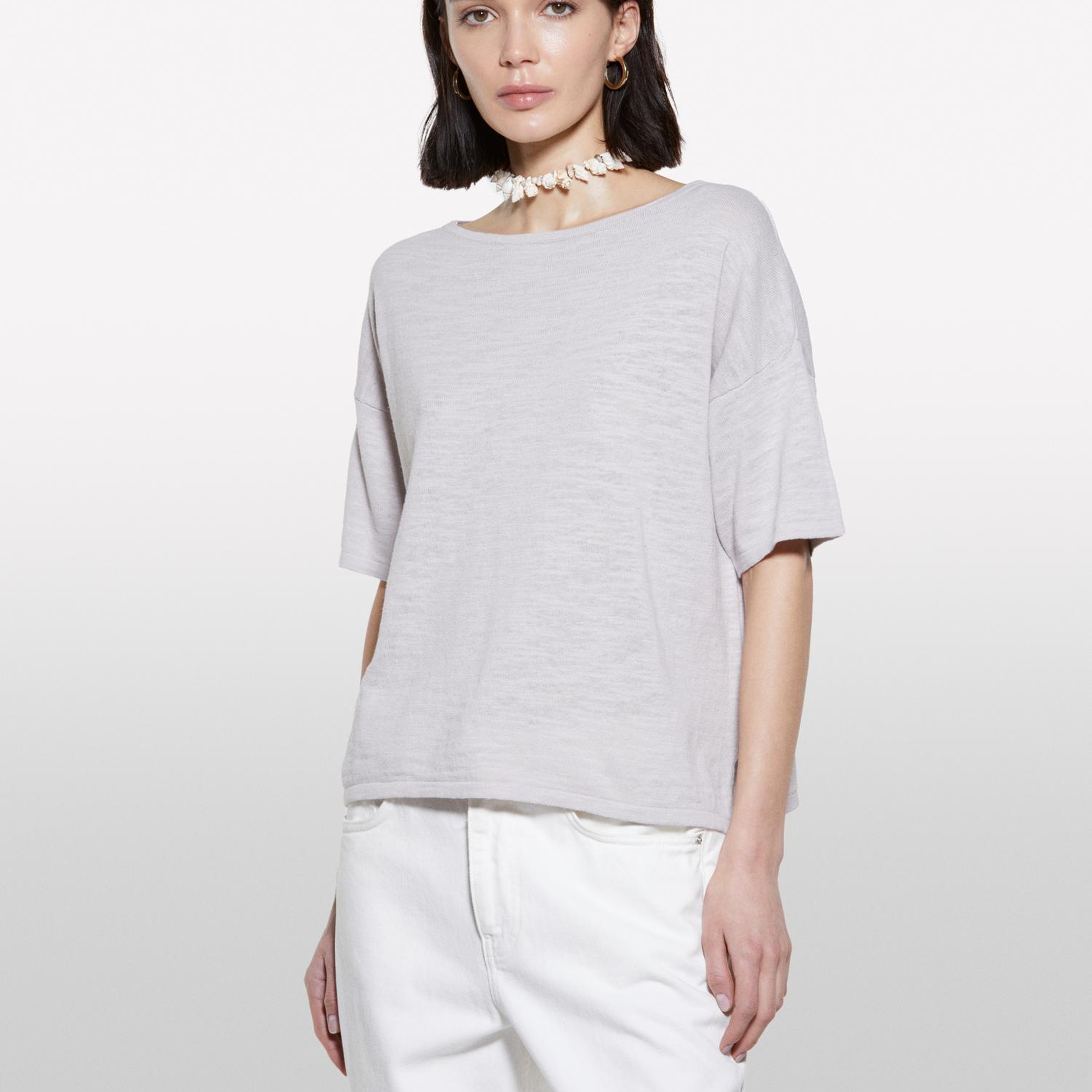 Kadın Gri Keten Karışımlı Bisiklet Yaka Oversize T-Shirt